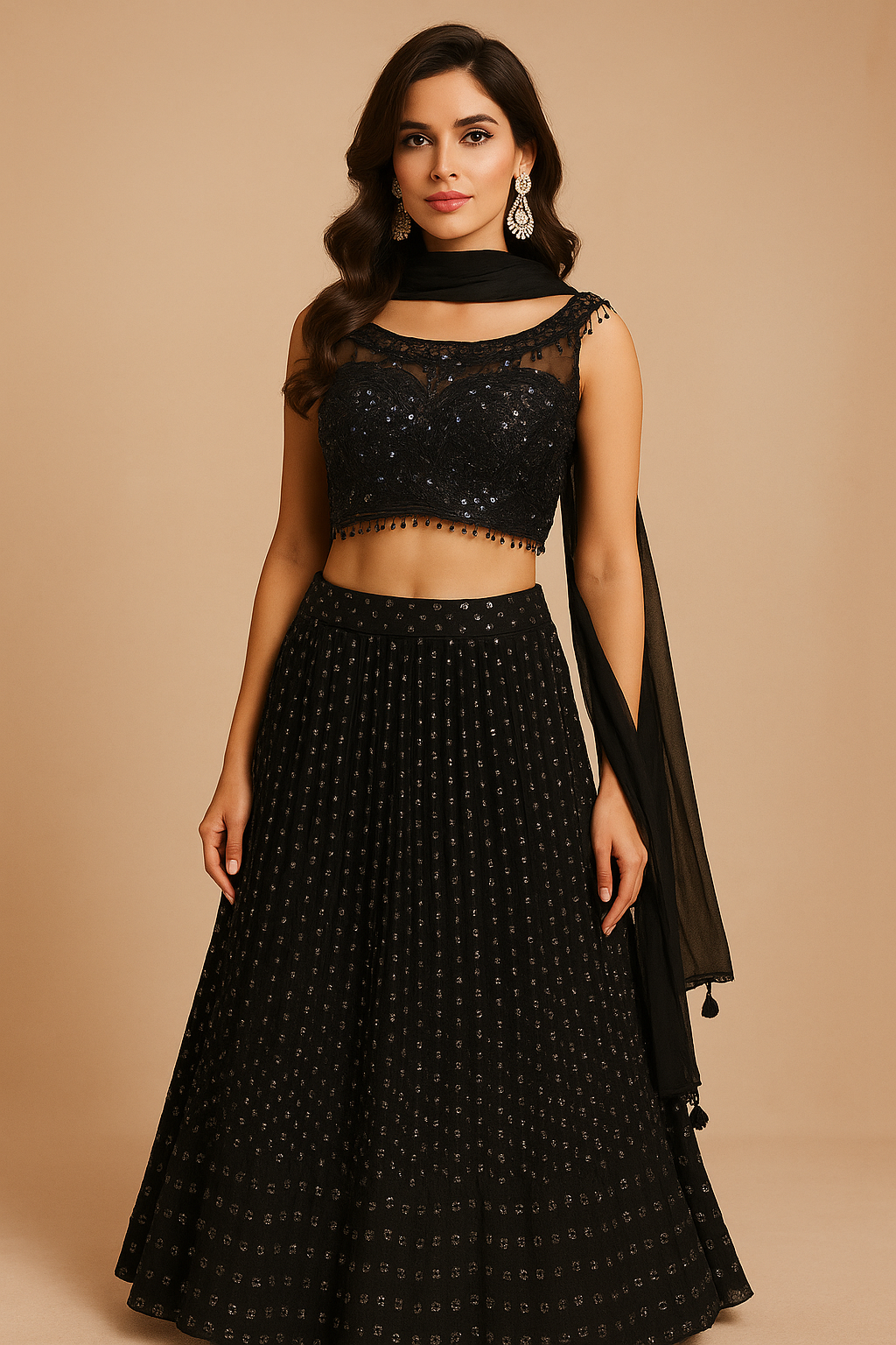 Black Tasseled Boat Neck Crop Top with Sequined Georgette Skirt