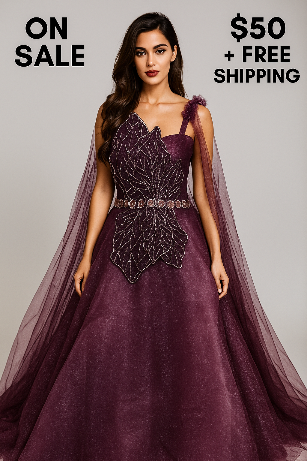 Unique Styled Mesh Net Ball Gown with Fly Away Sleeves