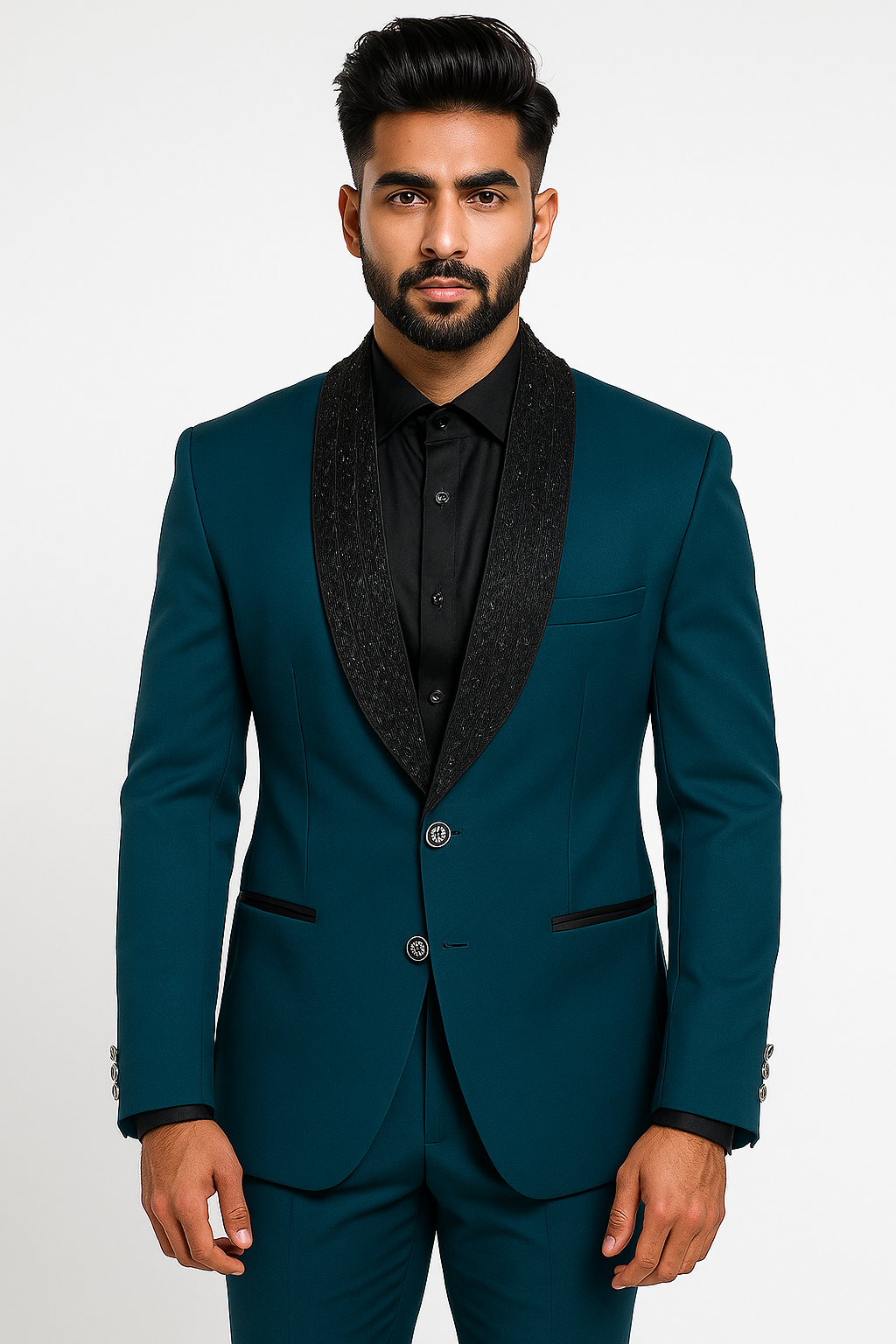 Japanese Silk Mixed Tux with Exquisite Hand Embroidery in Deep Teal