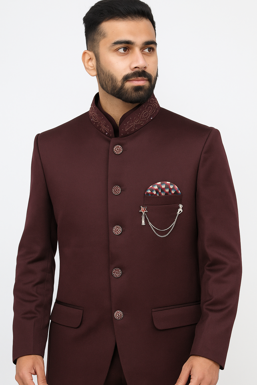 Burgundy Colored Two Piece Suit for Men with Hand Embroidered Collar