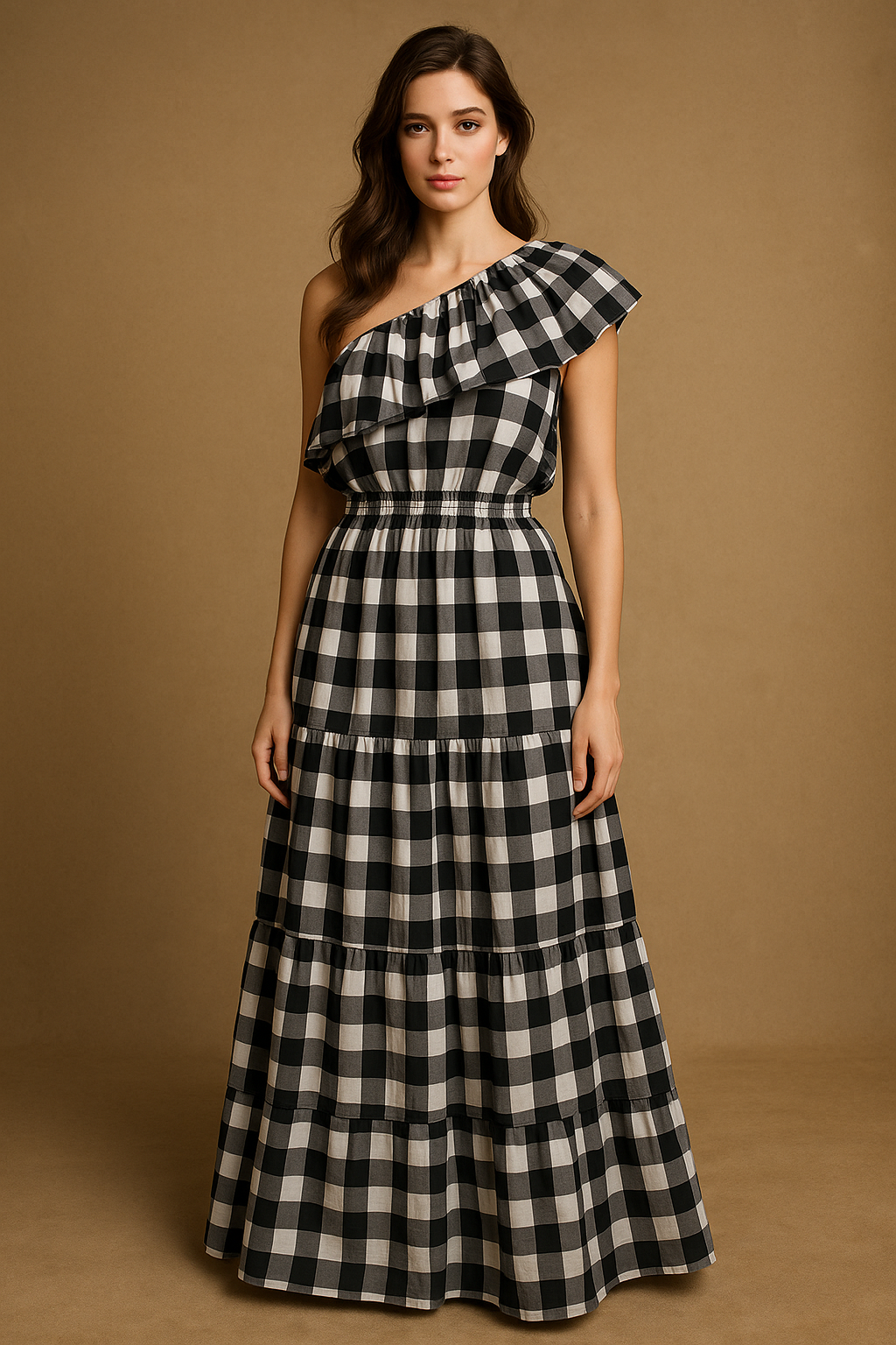 Printed Plaid One Shoulder Dress (One Size - up to Medium)