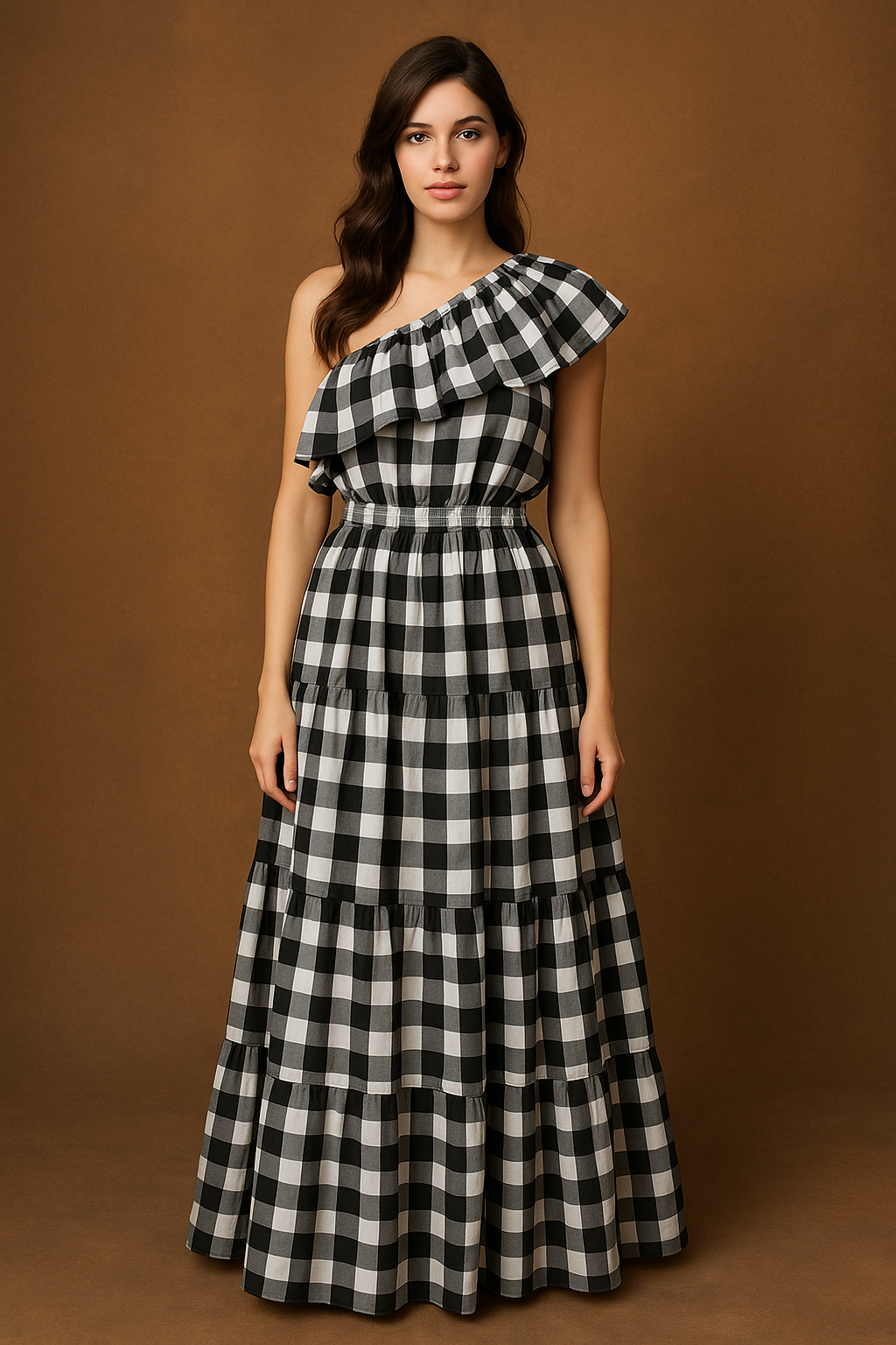 Printed Plaid One Shoulder Dress (One Size - up to Medium)