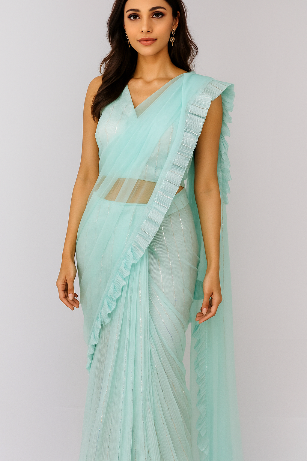Aqua/Mint colored softnet saree