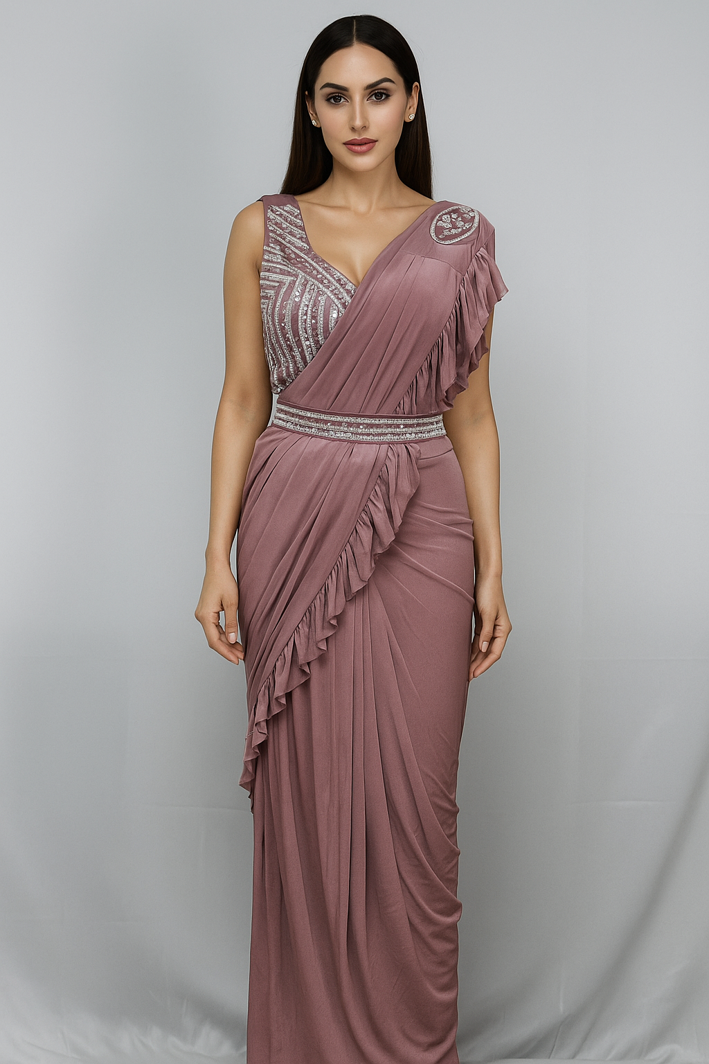 Elegantly designed deep pastel pink saree with hand made blouse and belt