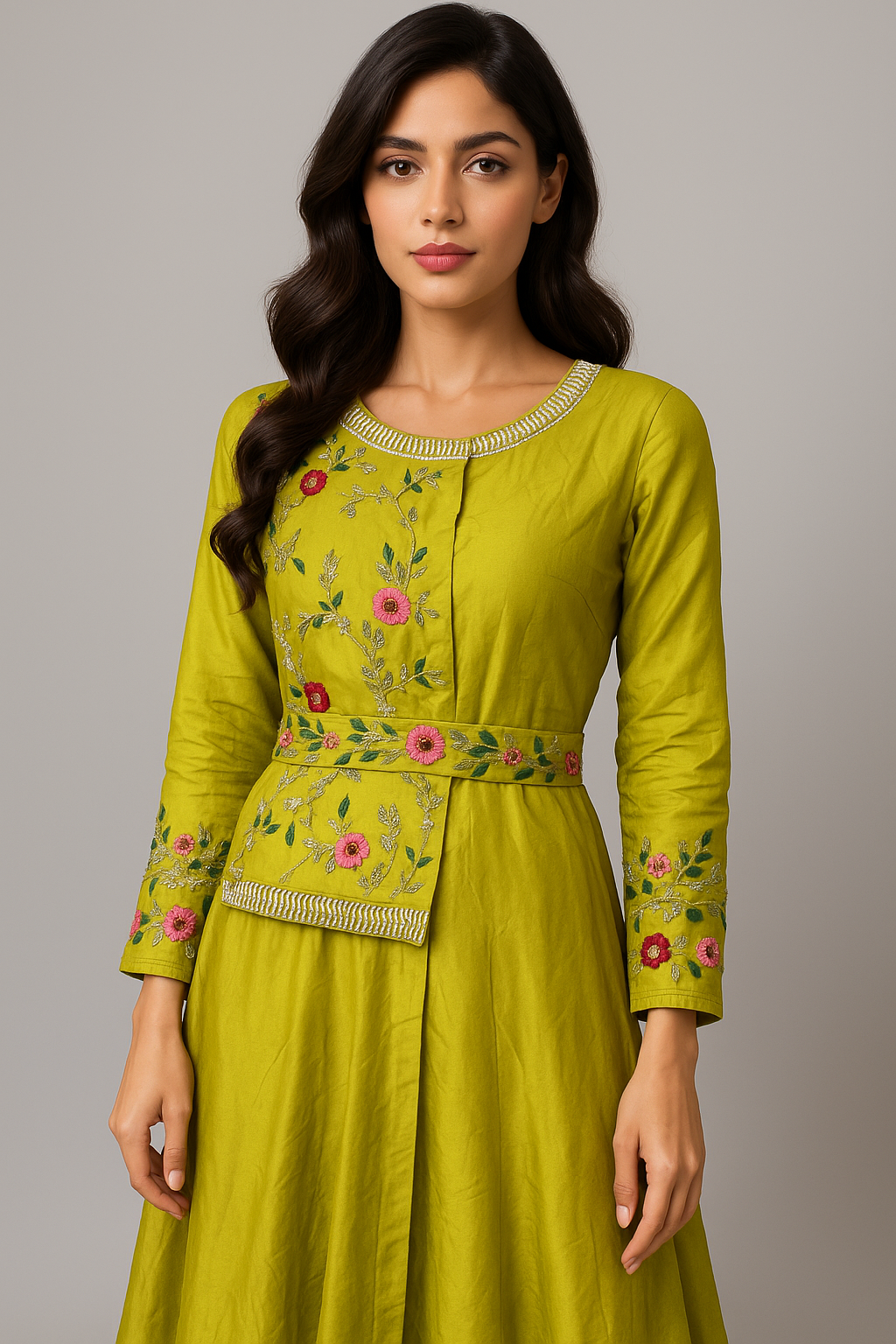 Hand Embroidered Chartreuse Maxi with Belt