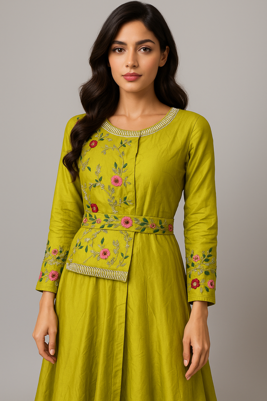 Hand Embroidered Chartreuse Maxi with Belt