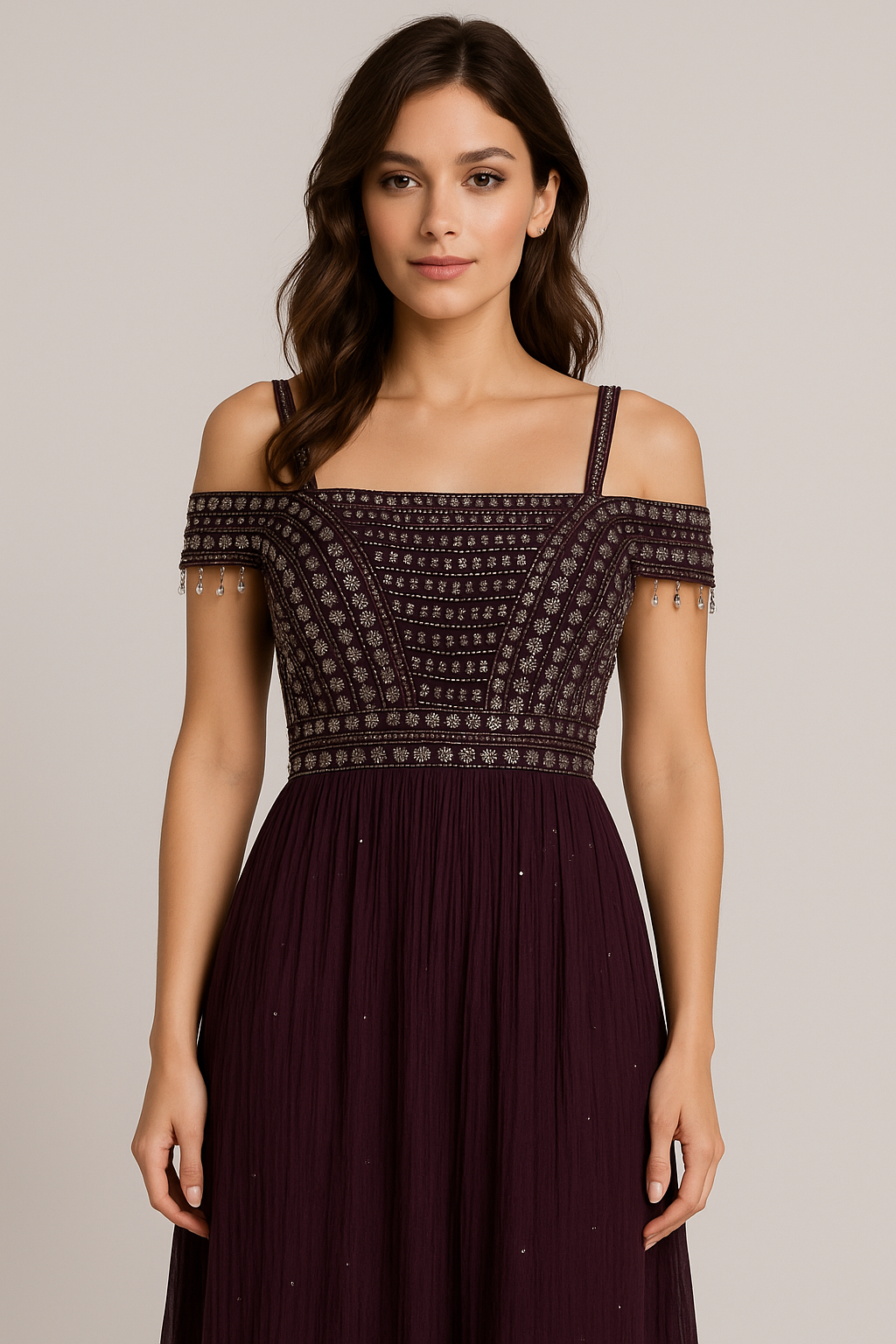 Off-Shoulder Hand Embroidered Evening Gown