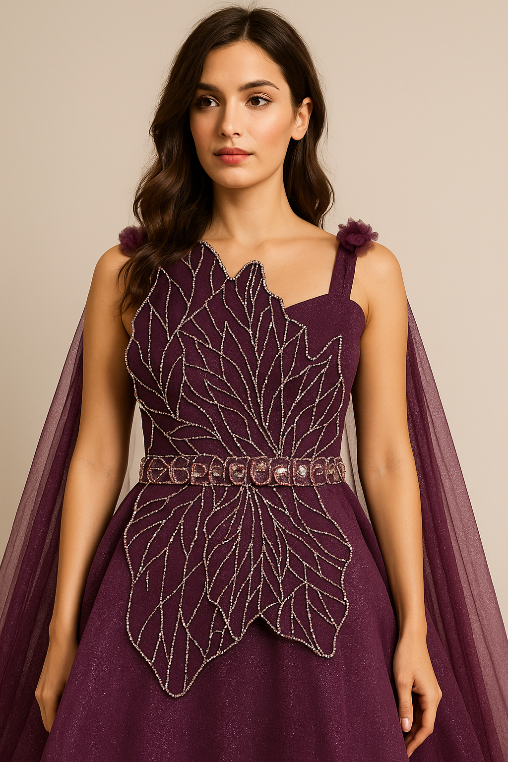 Unique Styled Mesh Net Ball Gown with Fly Away Sleeves