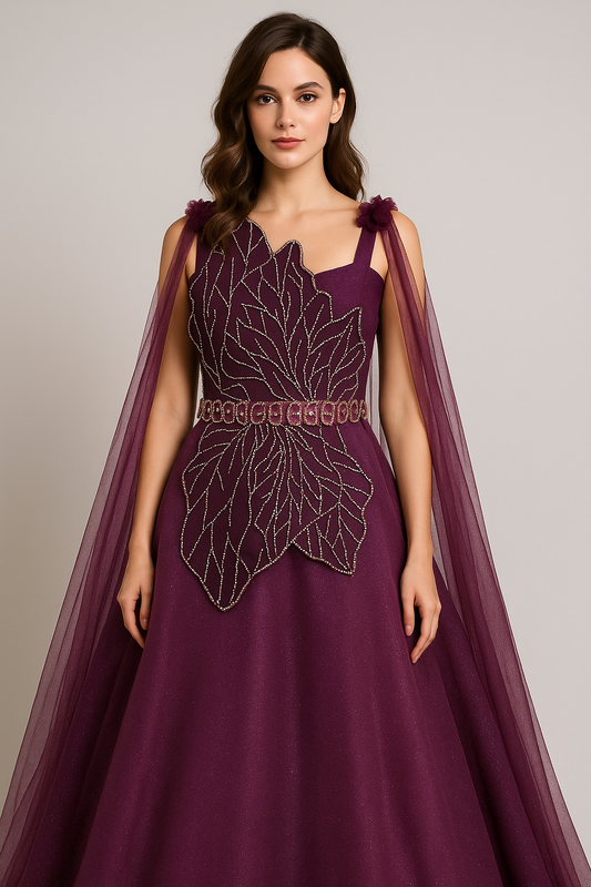 Unique Styled Mesh Net Ball Gown with Fly Away Sleeves
