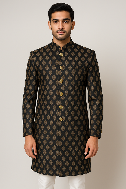 Moghul Inspired Black Long Suit Set Fit for a King (2 Piece)