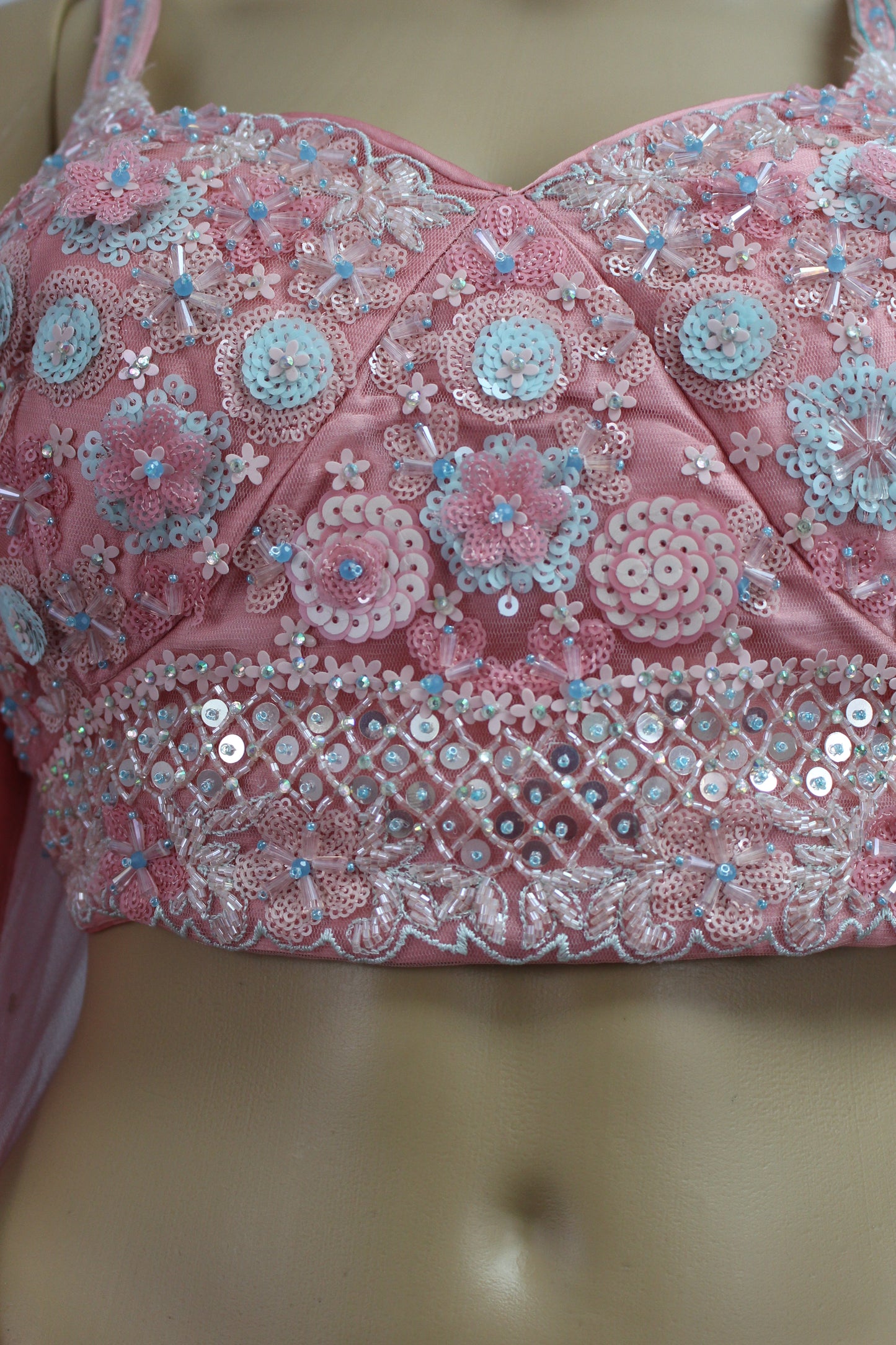 Pink Handworked Fusion Crop Top with Exquisite Soft Net Skirt