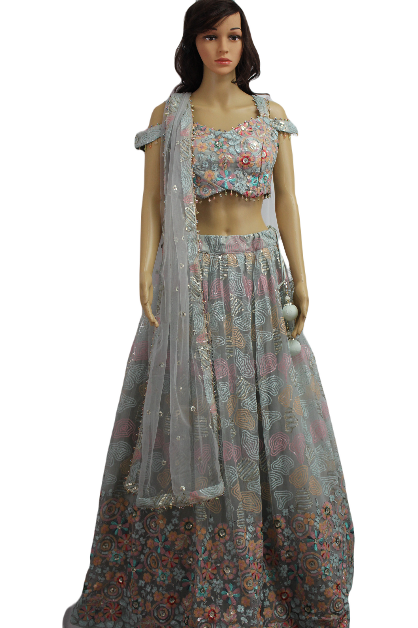 Steel Grey (with a hint of blue) Soft Net Sequined Handwork-ed Crop Top with Skirt