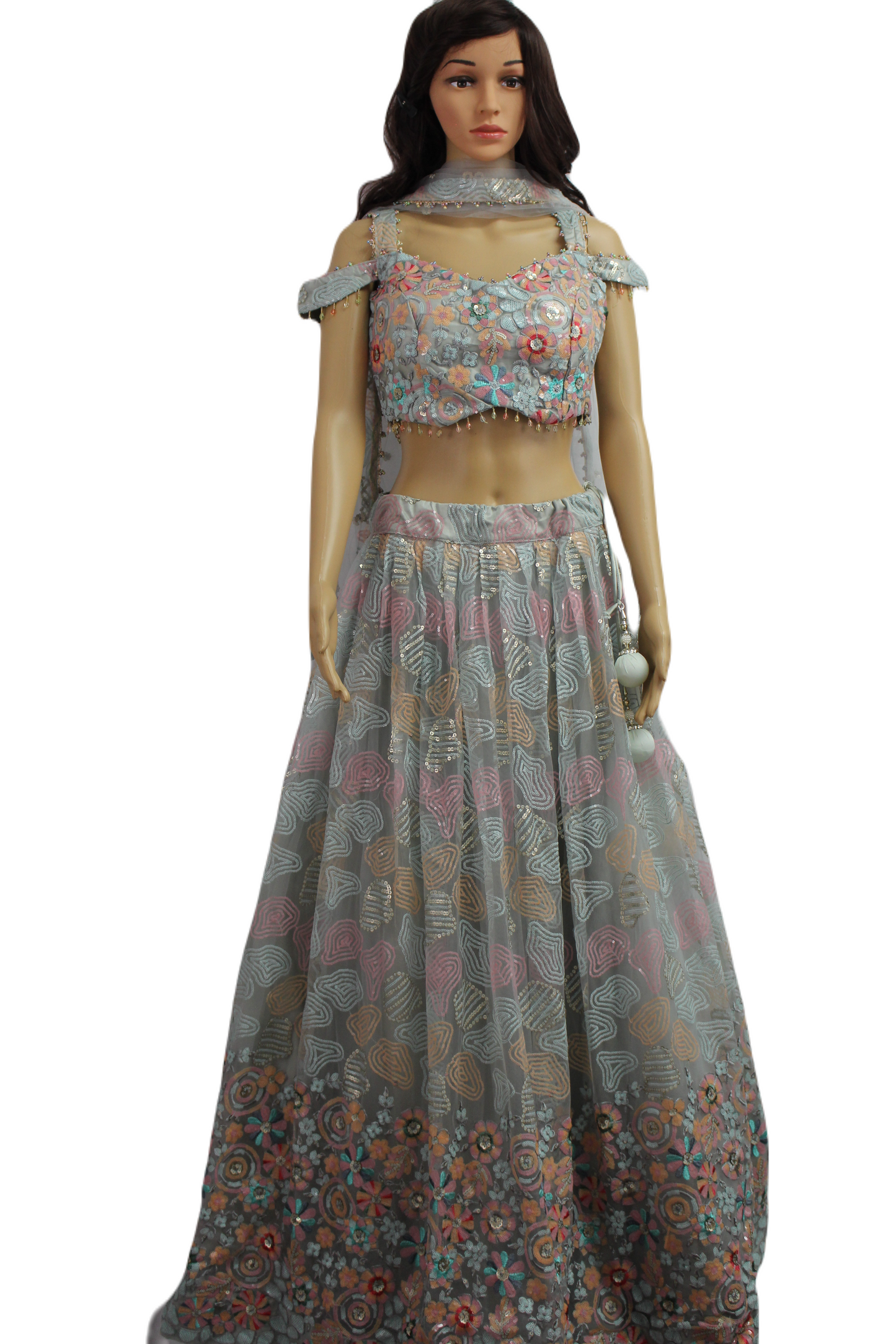 Steel Grey (with a hint of blue) Soft Net Sequined Handwork-ed Crop Top with Skirt