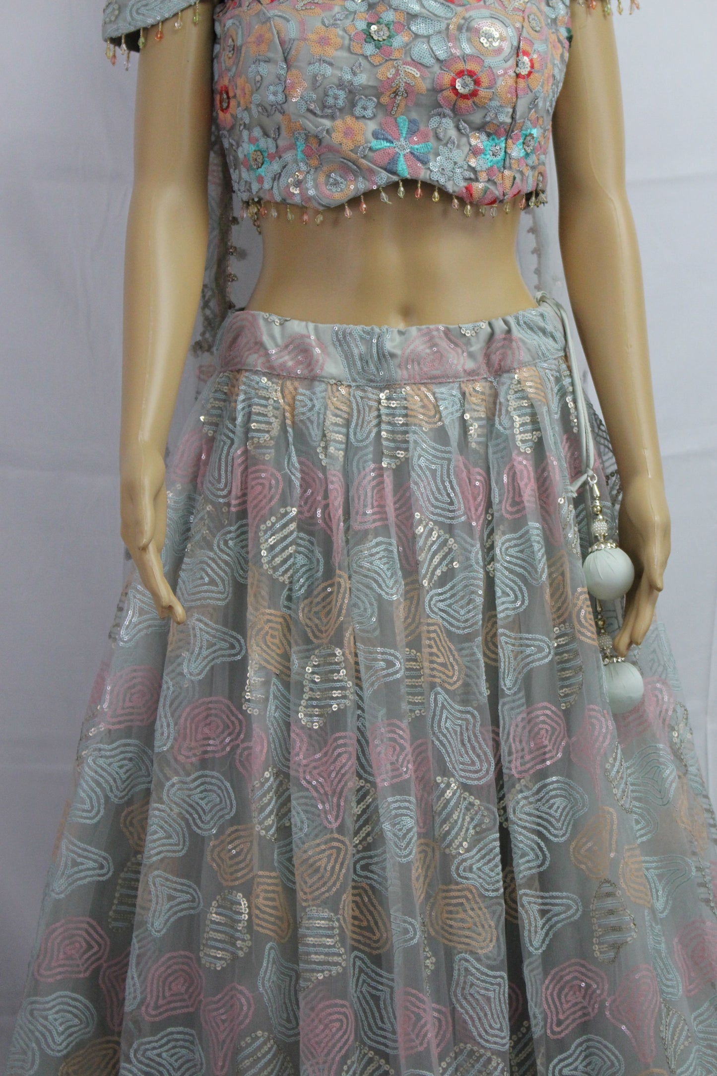 Steel Grey (with a hint of blue) Soft Net Sequined Handwork-ed Crop Top with Skirt