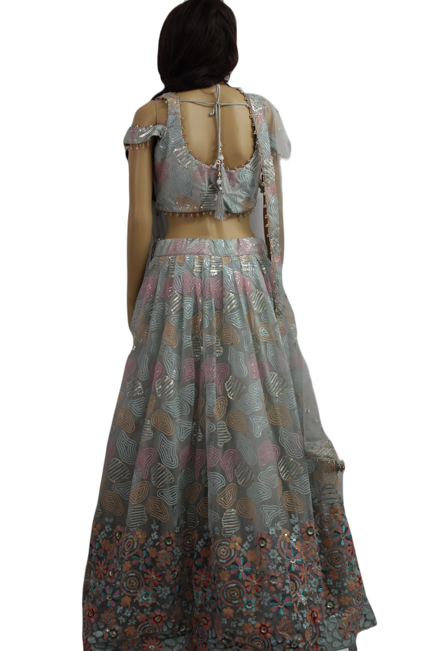 Steel Grey (with a hint of blue) Soft Net Sequined Handwork-ed Crop Top with Skirt