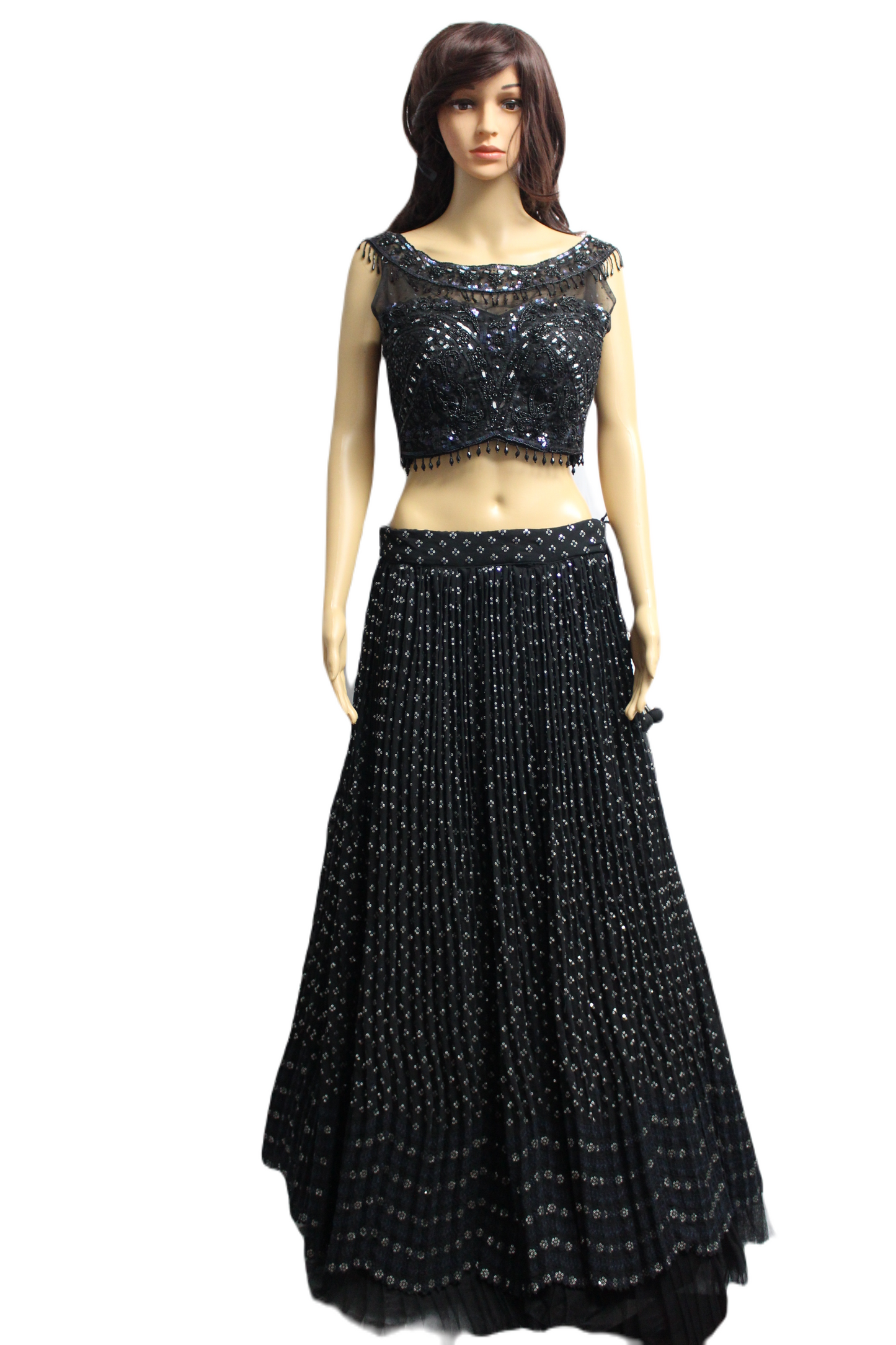Black Tasseled Boat Neck Crop Top with Sequined Georgette Skirt