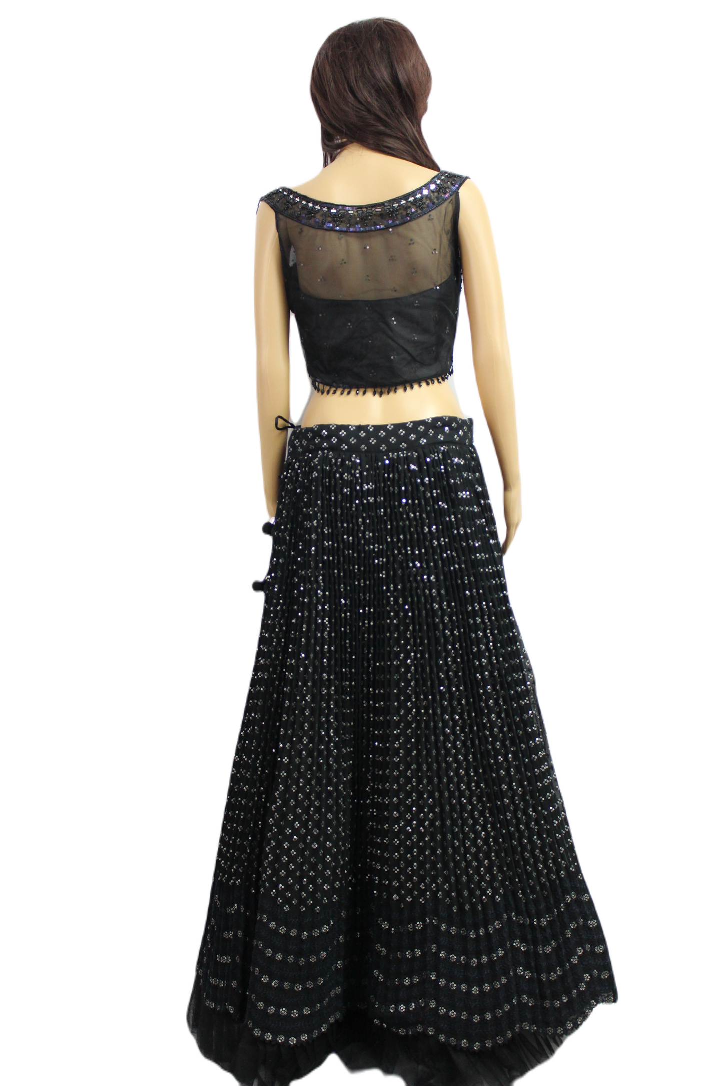 Black Tasseled Boat Neck Crop Top with Sequined Georgette Skirt
