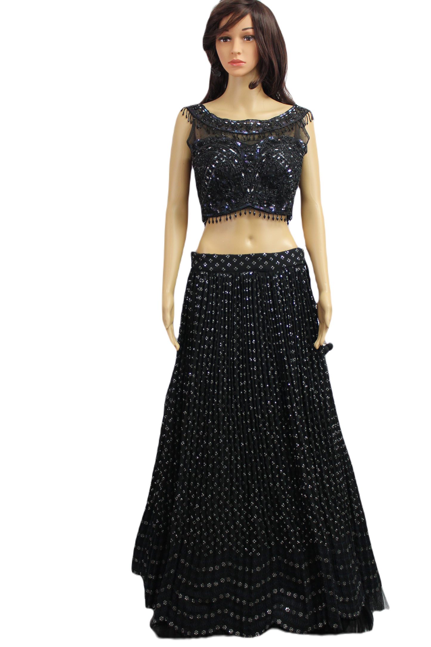 Black Tasseled Boat Neck Crop Top with Sequined Georgette Skirt