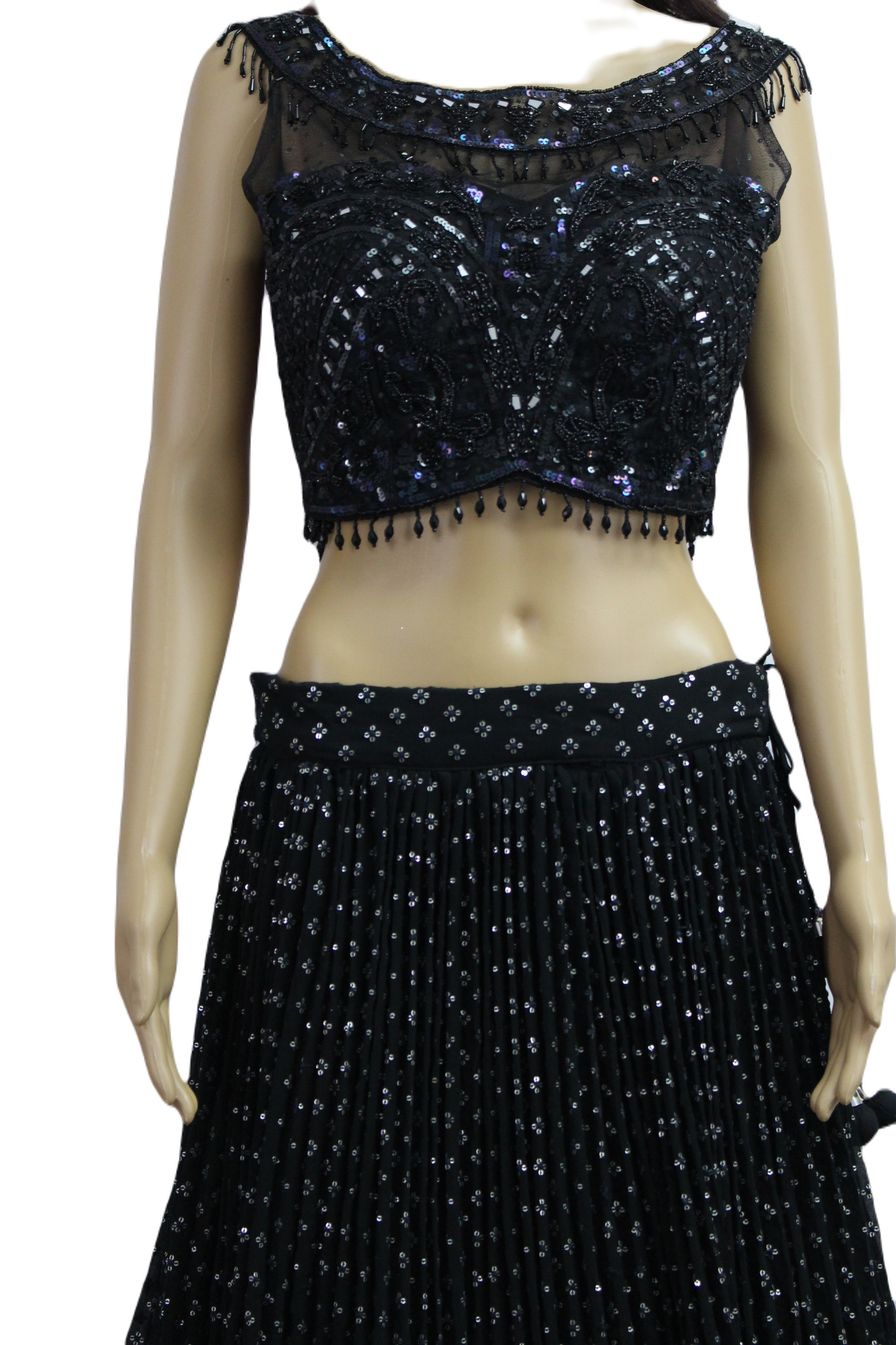 Black Tasseled Boat Neck Crop Top with Sequined Georgette Skirt