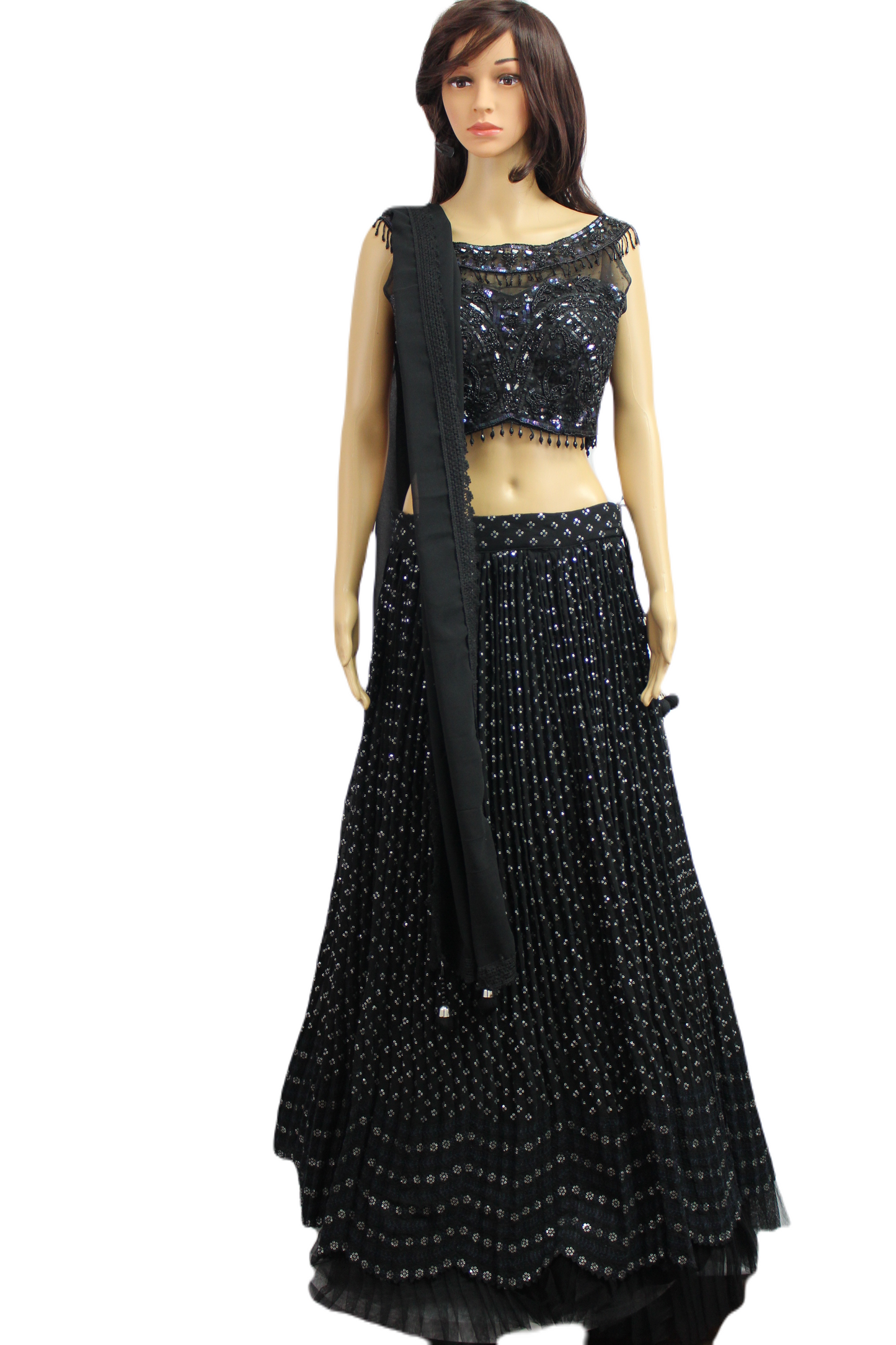 Black Tasseled Boat Neck Crop Top with Sequined Georgette Skirt
