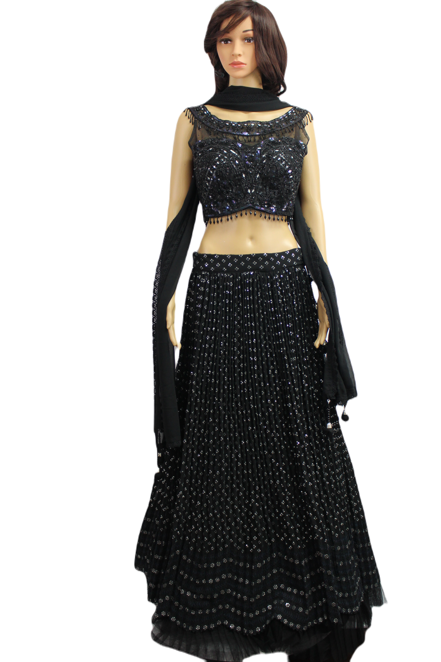 Black Tasseled Boat Neck Crop Top with Sequined Georgette Skirt