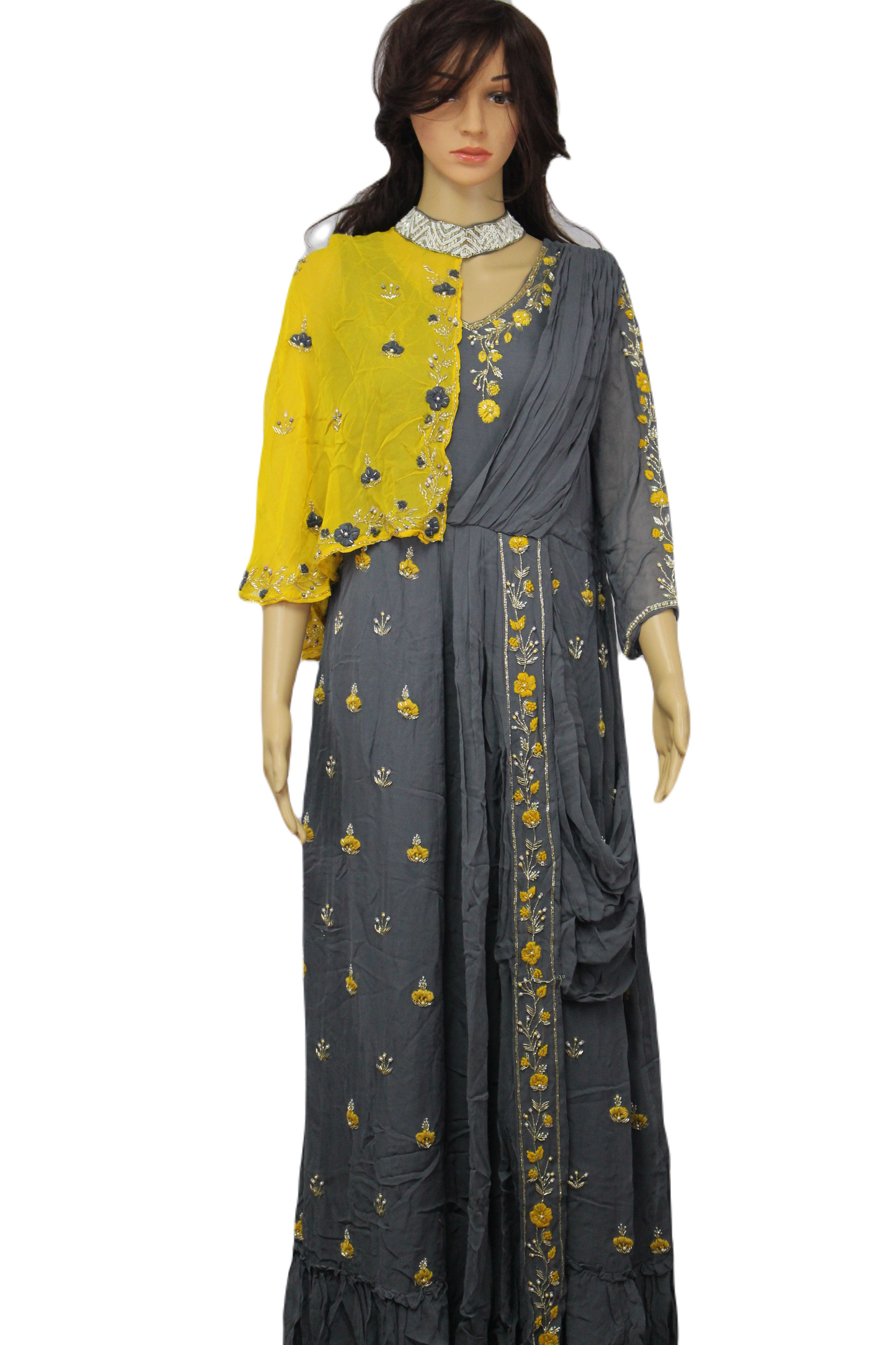 Beautifully Handcrafted and Hand Embroidered Designer Gown with One Side Shrug