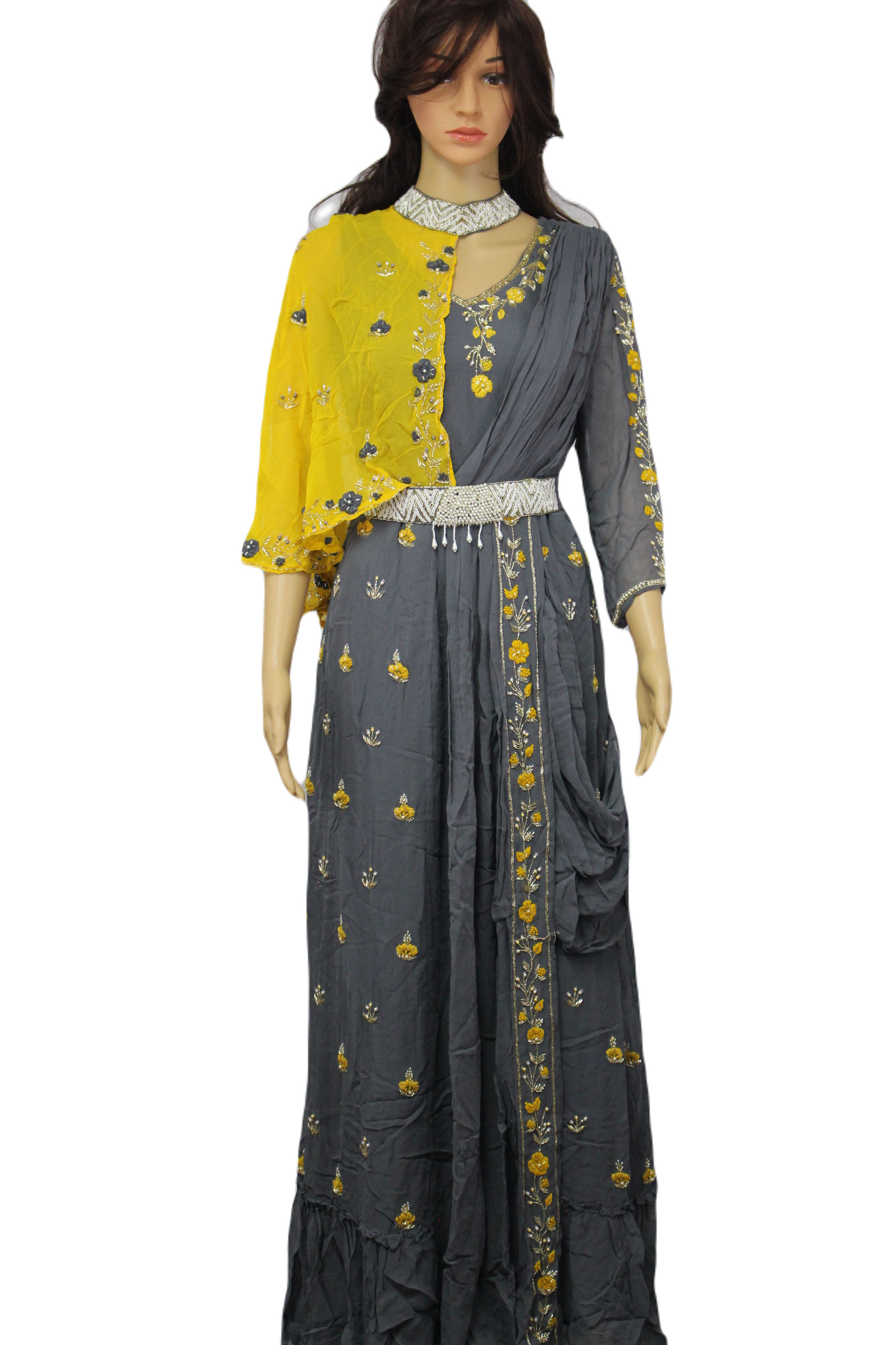 Beautifully Handcrafted and Hand Embroidered Designer Gown with One Side Shrug