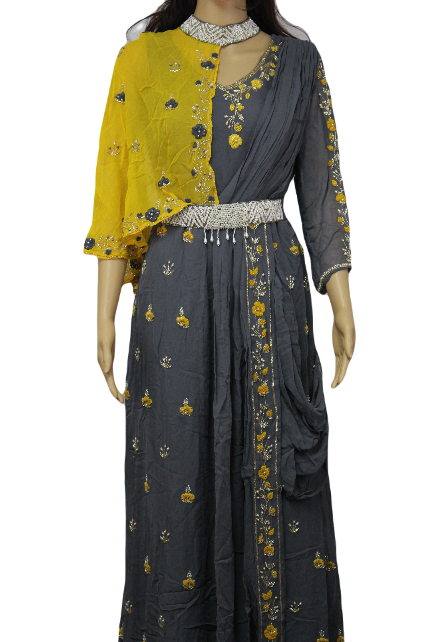 Beautifully Handcrafted and Hand Embroidered Designer Gown with One Side Shrug