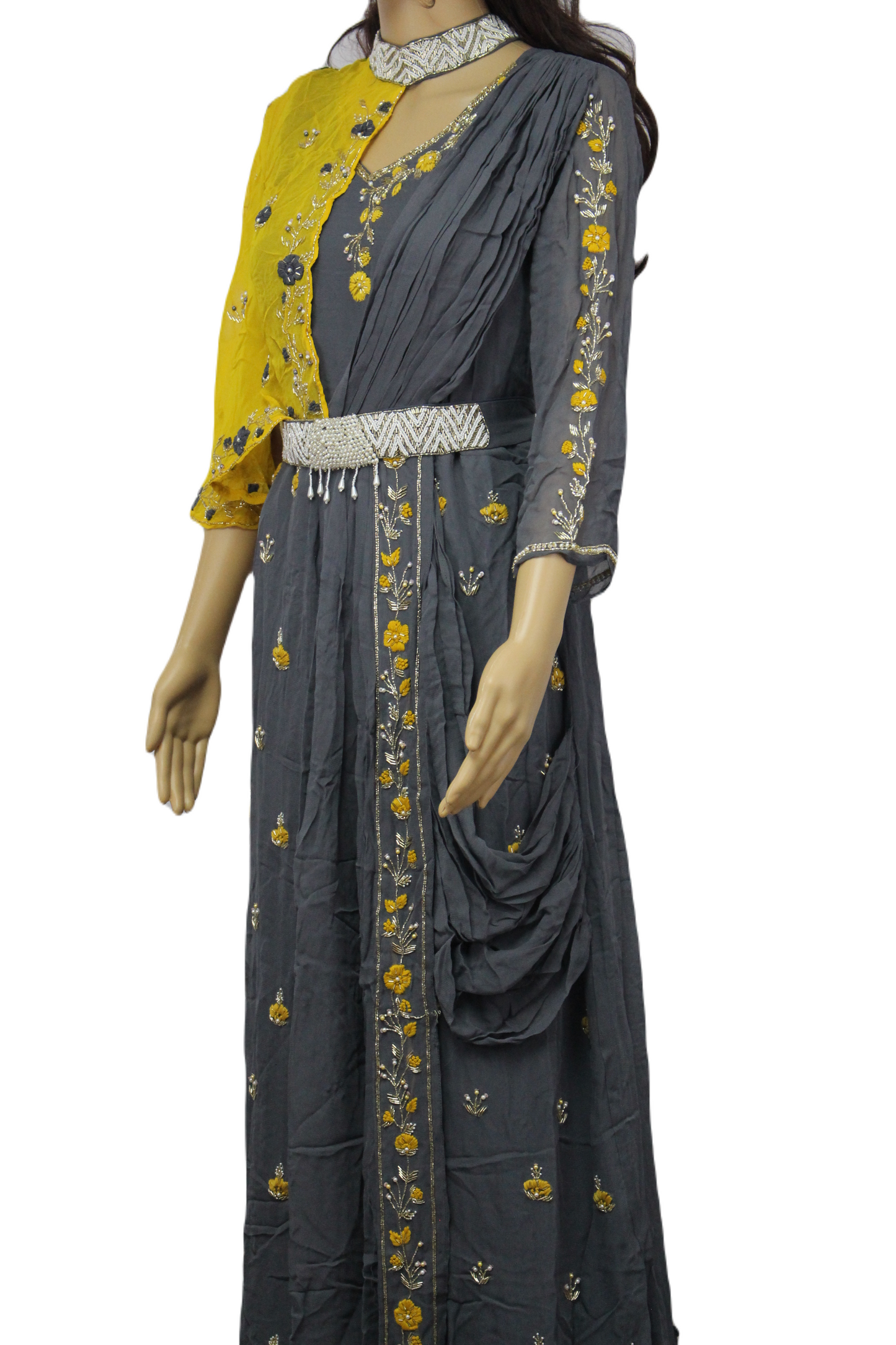 Beautifully Handcrafted and Hand Embroidered Designer Gown with One Side Shrug