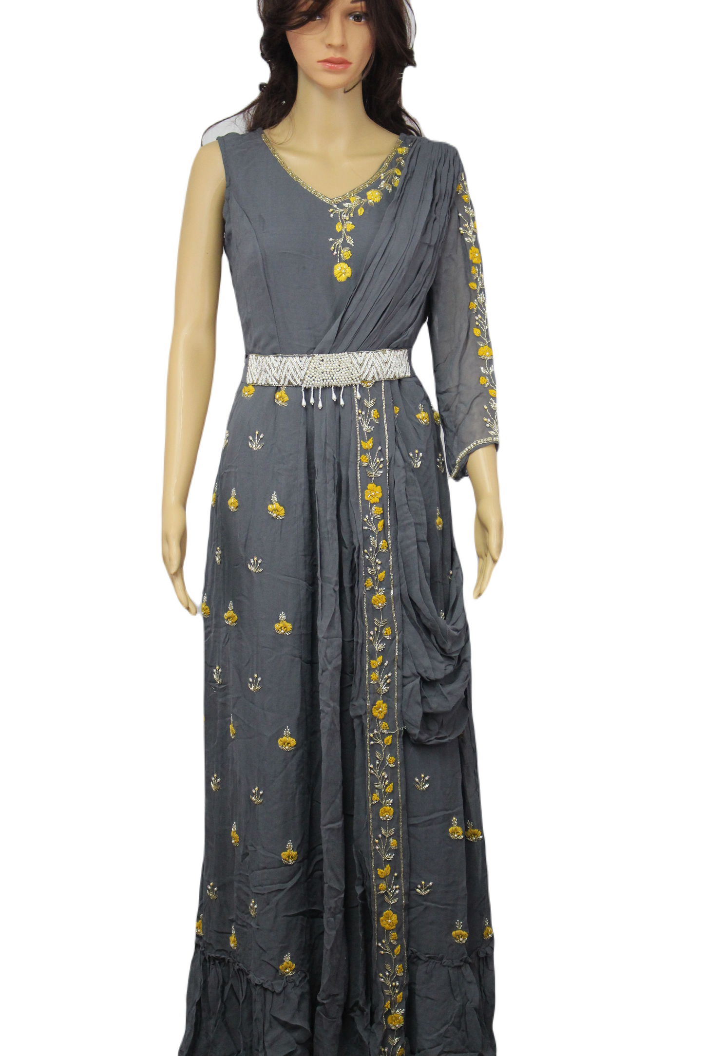 Beautifully Handcrafted and Hand Embroidered Designer Gown with One Side Shrug