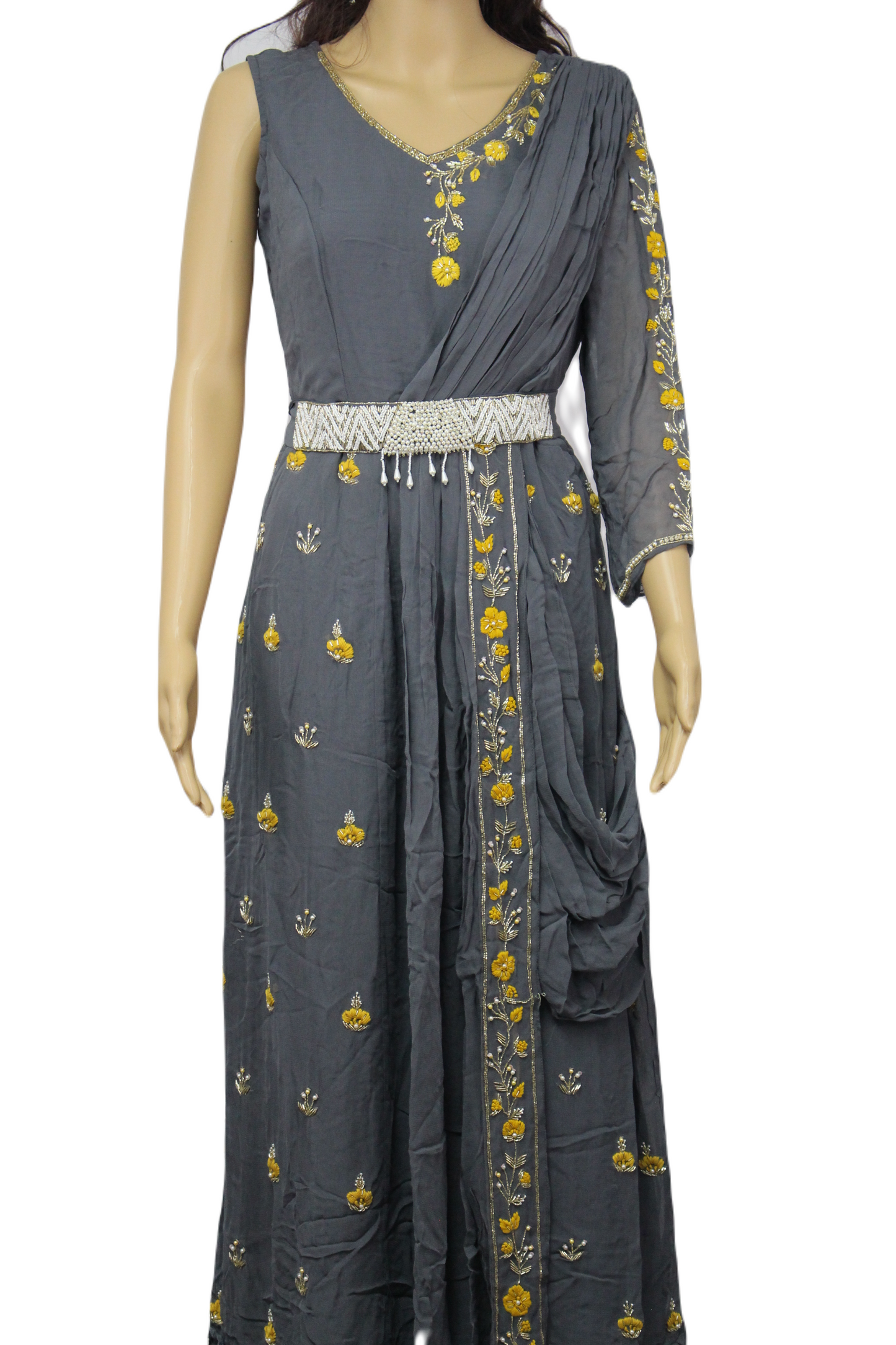 Beautifully Handcrafted and Hand Embroidered Designer Gown with One Side Shrug