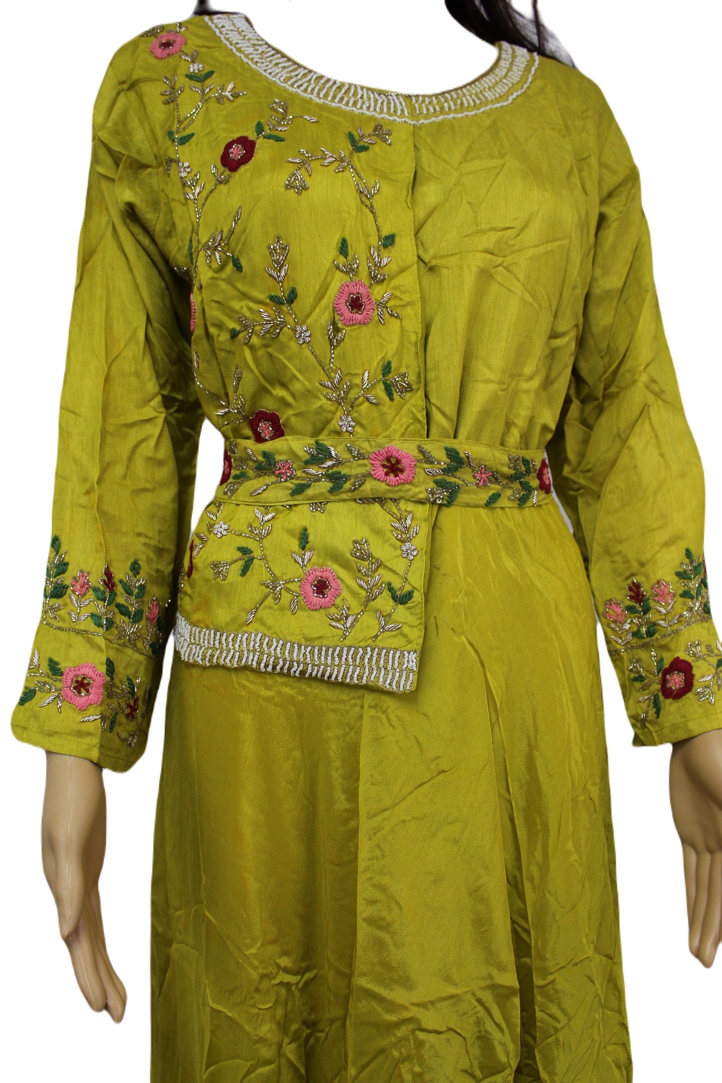 Hand Embroidered Chartreuse Maxi with Belt