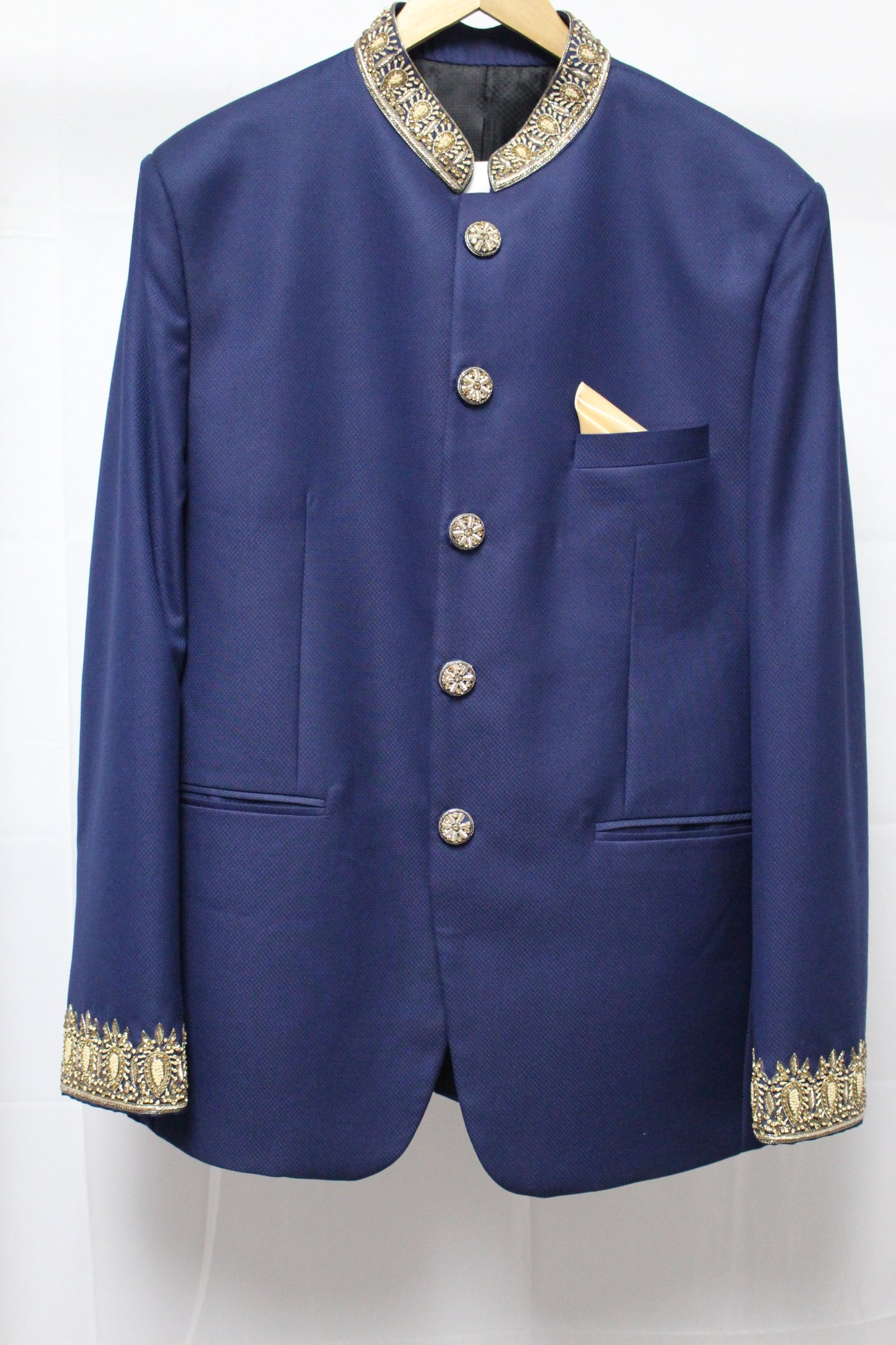 Azure Blue Long Suit with Hand Embroidered Collar and Cuffs