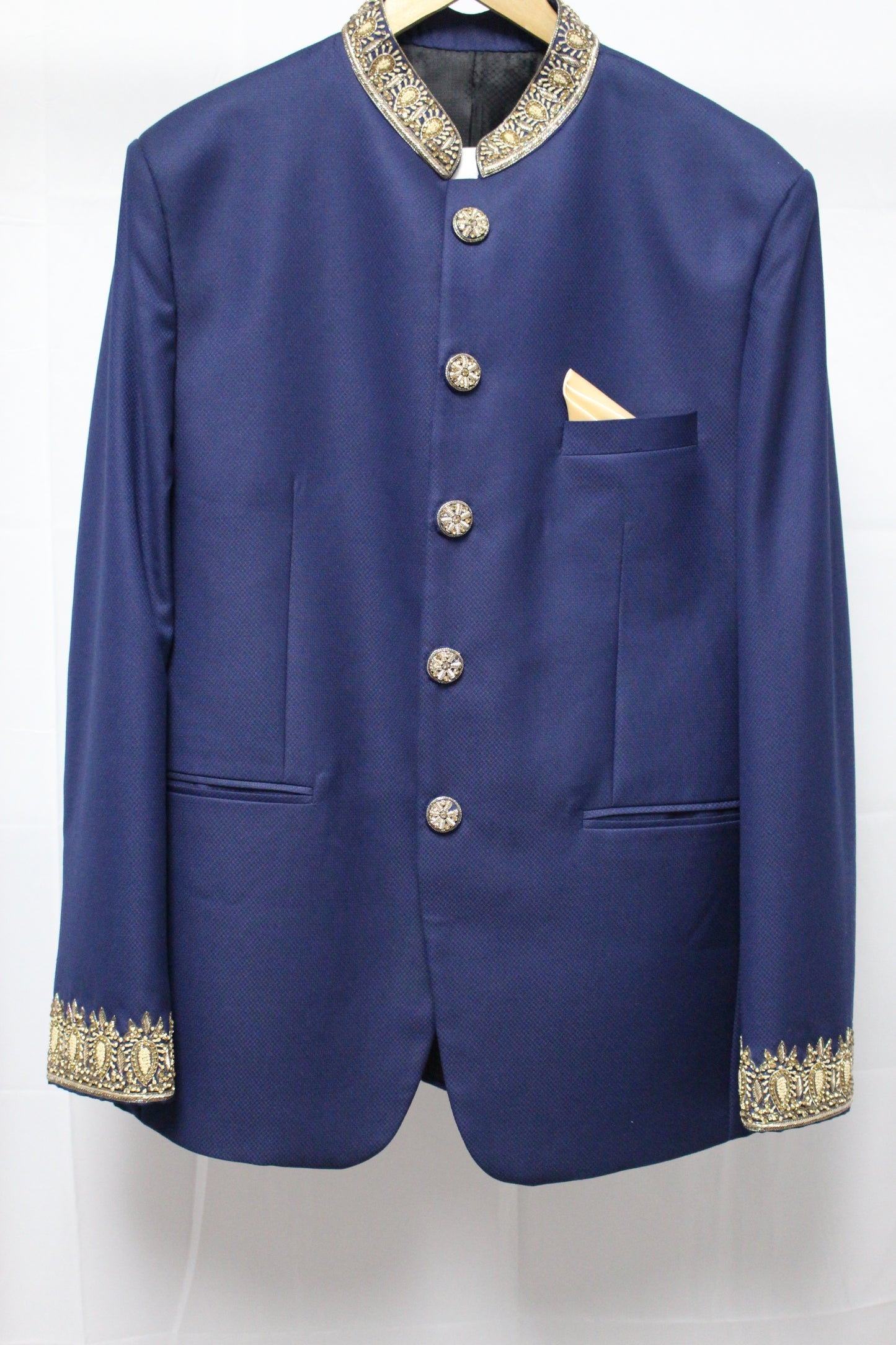 Azure Blue Long Suit with Hand Embroidered Collar and Cuffs