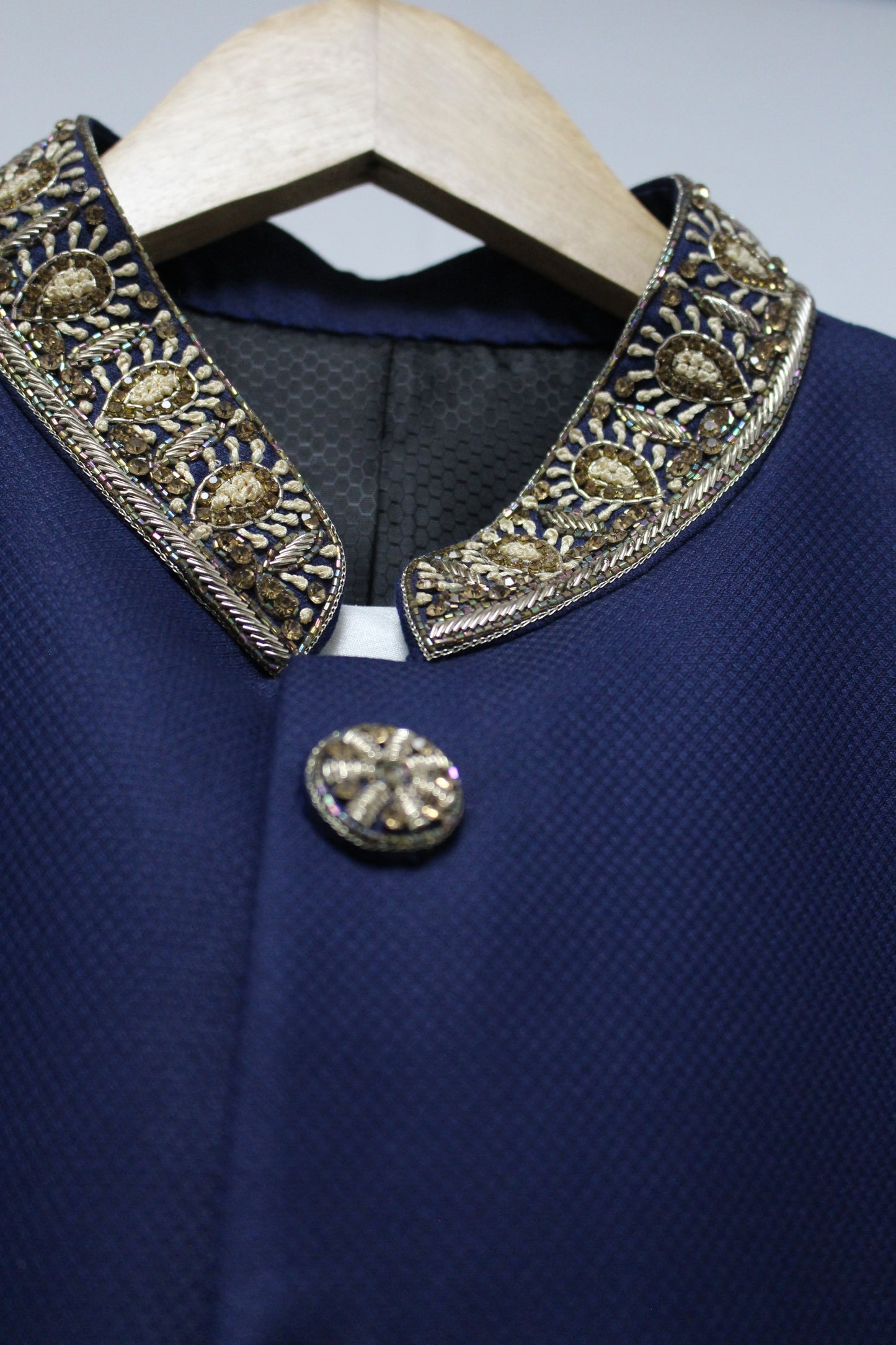 Azure Blue Long Suit with Hand Embroidered Collar and Cuffs