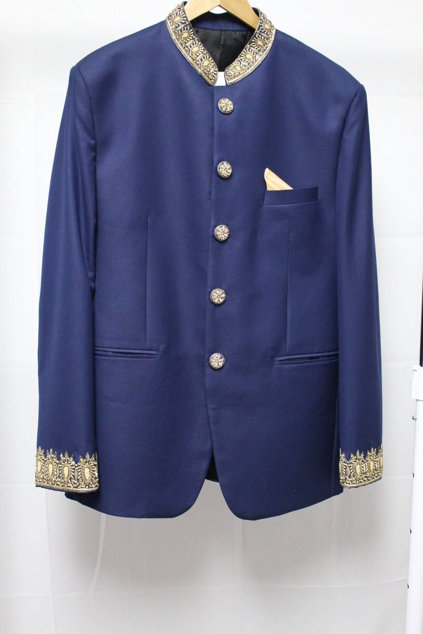 Azure Blue Long Suit with Hand Embroidered Collar and Cuffs