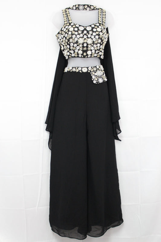 Black Embroidered Crop Top with Palazzo Pant