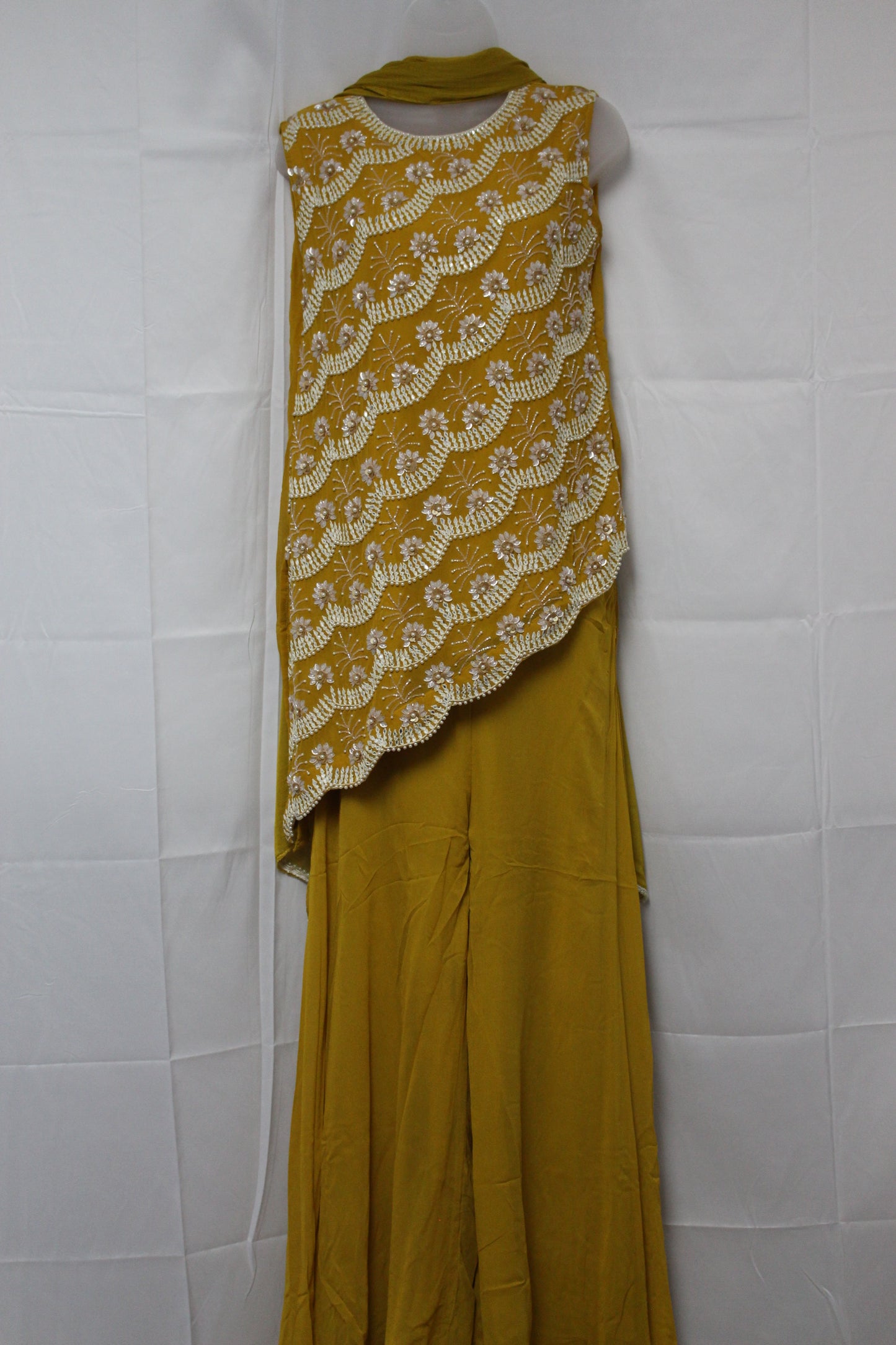 Exquisite Fish Cut Top with Pants in Mustard Yellow (Indian Fusion)