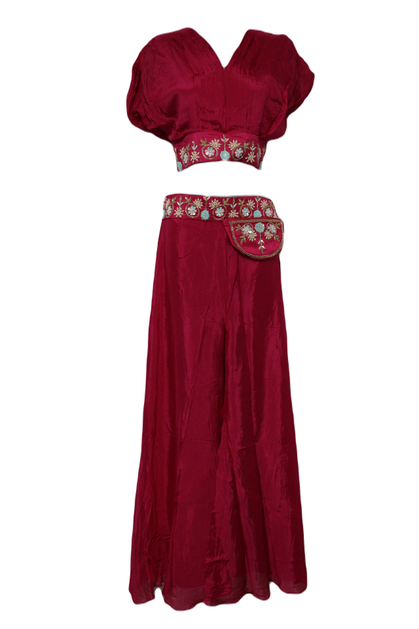 Hot Pink Embroidered Crop Top with Palazzo Pant