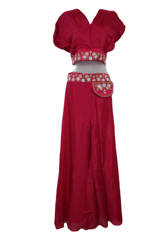 Hot Pink Embroidered Crop Top with Palazzo Pant