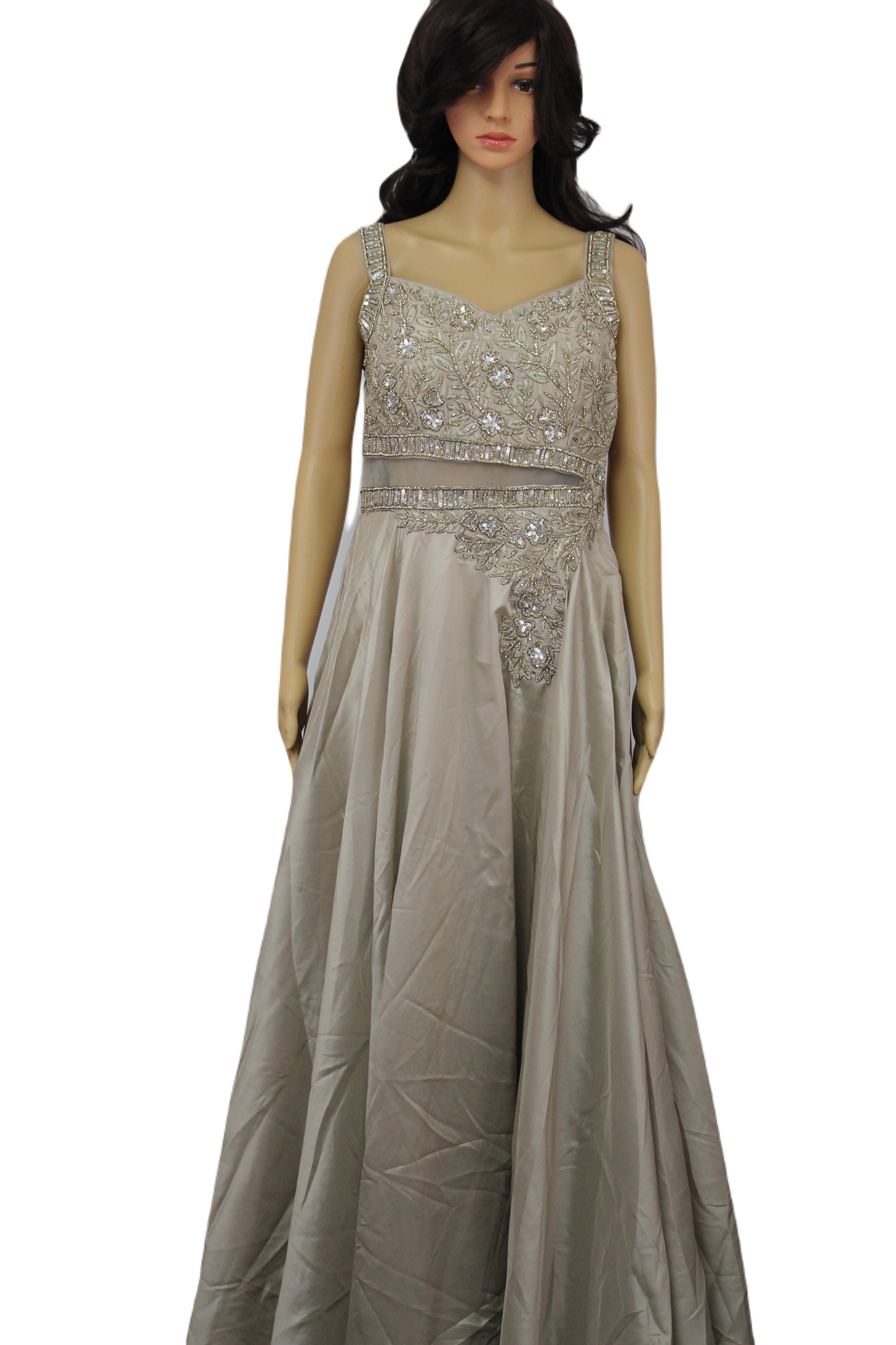 Satin & Crepe Mix Gown with Sheer Waist Panel in Ecru