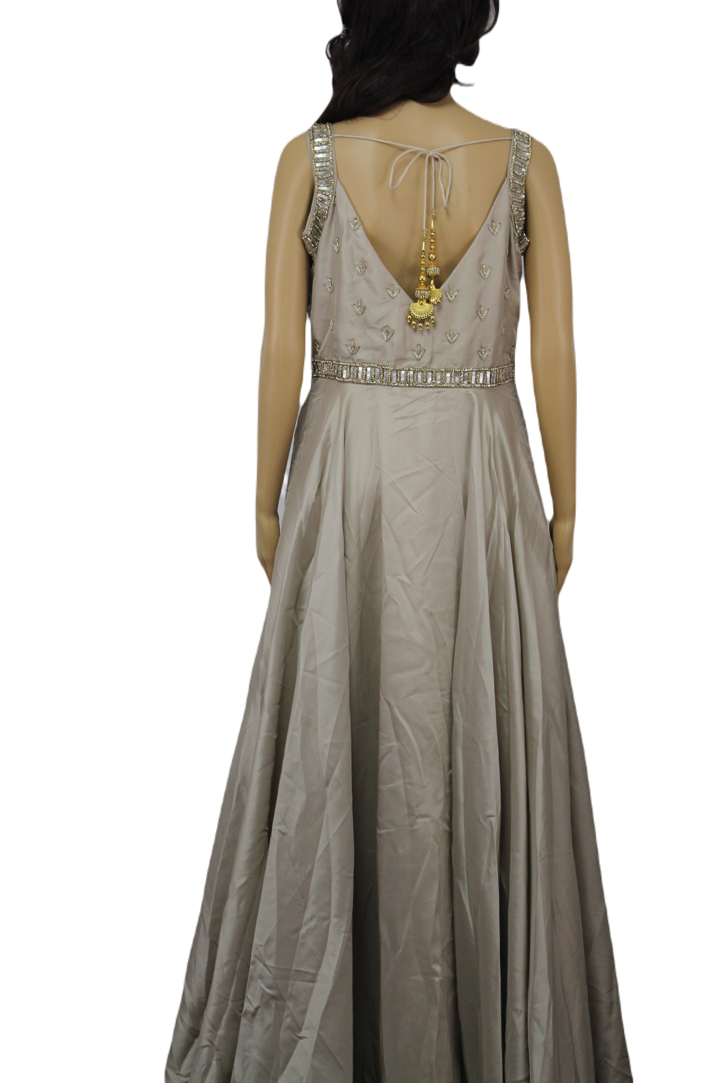 Satin & Crepe Mix Gown with Sheer Waist Panel in Ecru