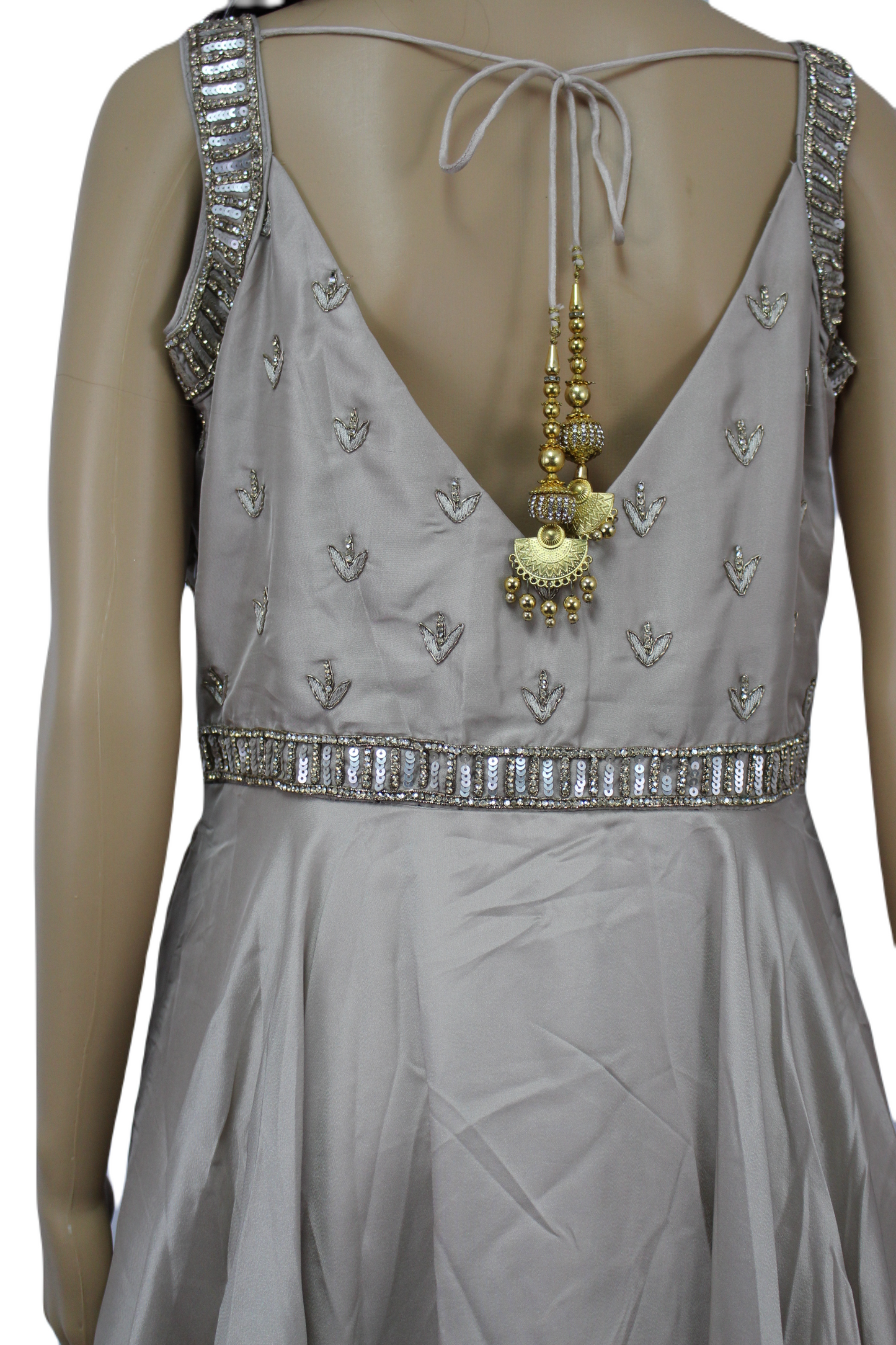 Satin & Crepe Mix Gown with Sheer Waist Panel in Ecru