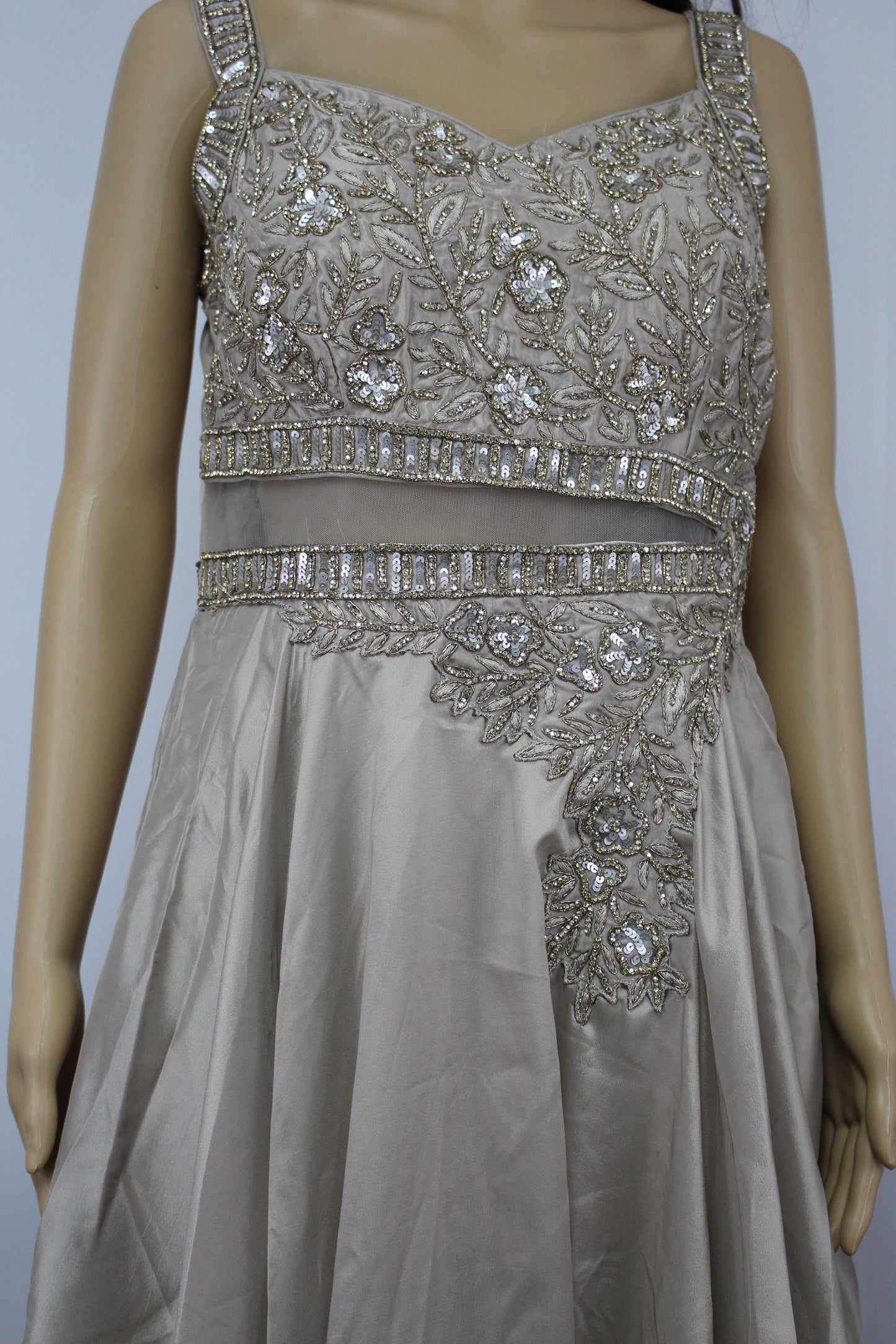 Satin & Crepe Mix Gown with Sheer Waist Panel in Ecru