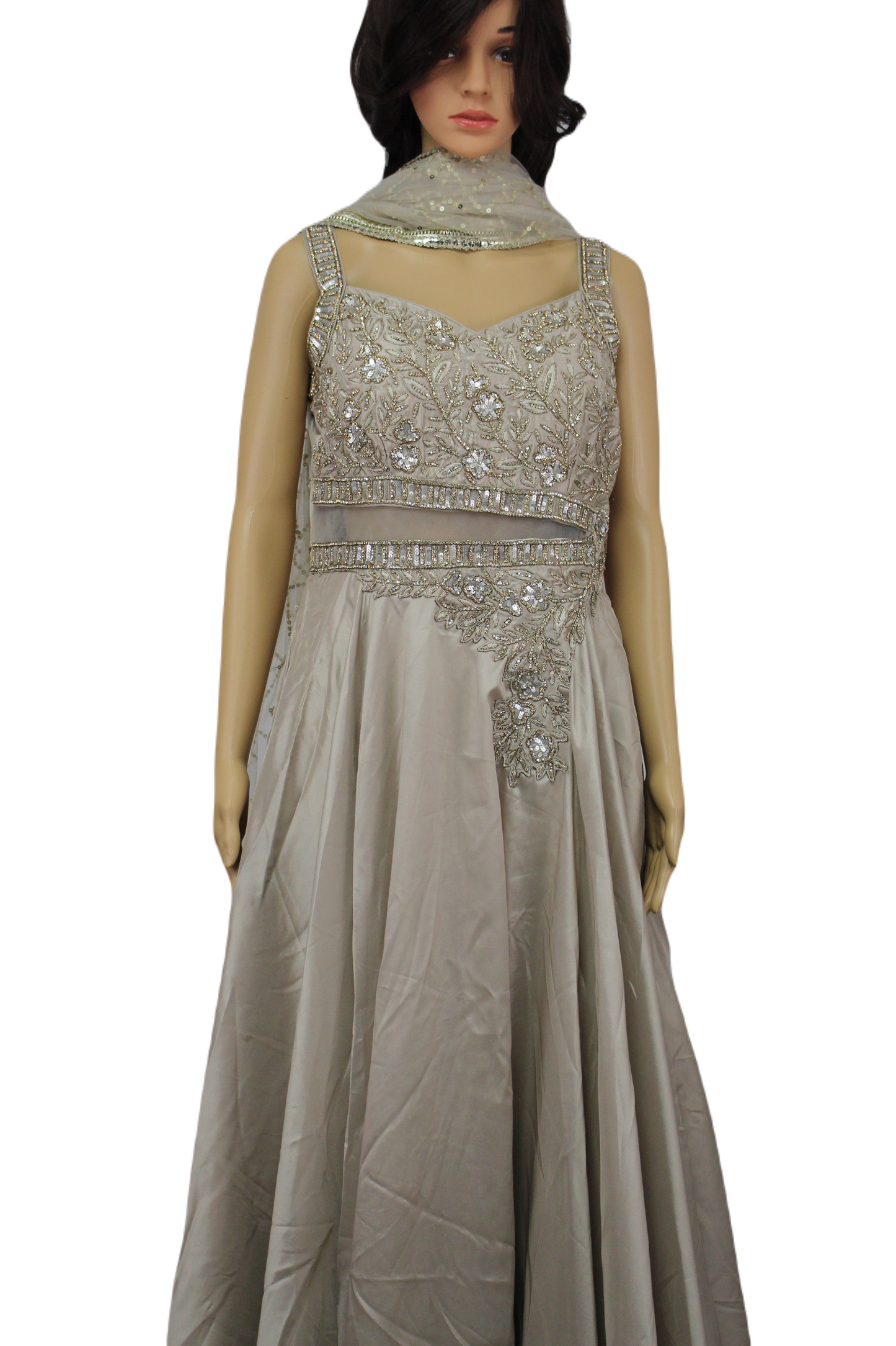 Satin & Crepe Mix Gown with Sheer Waist Panel in Ecru