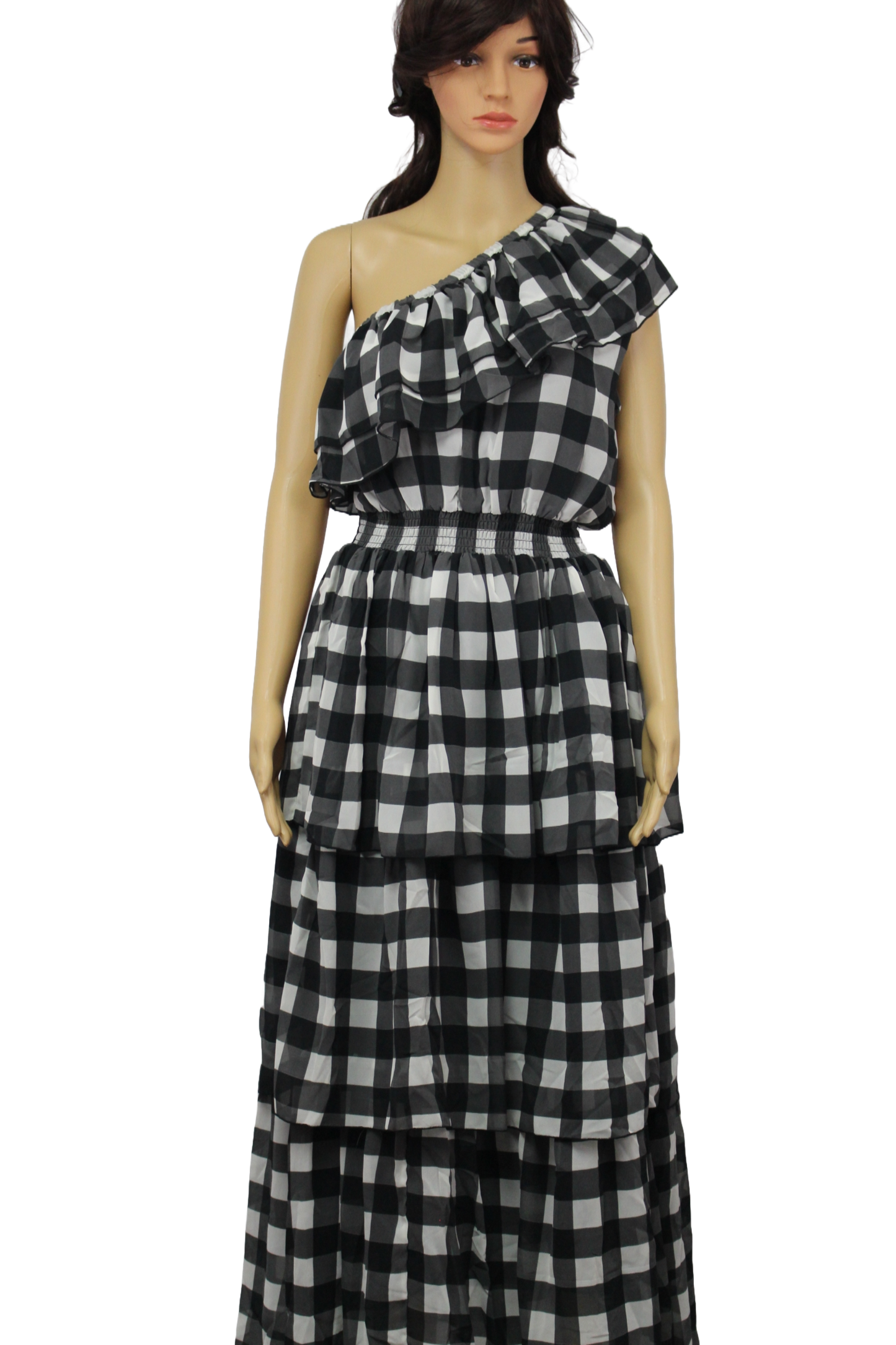 Printed Plaid One Shoulder Dress (One Size - up to Medium)