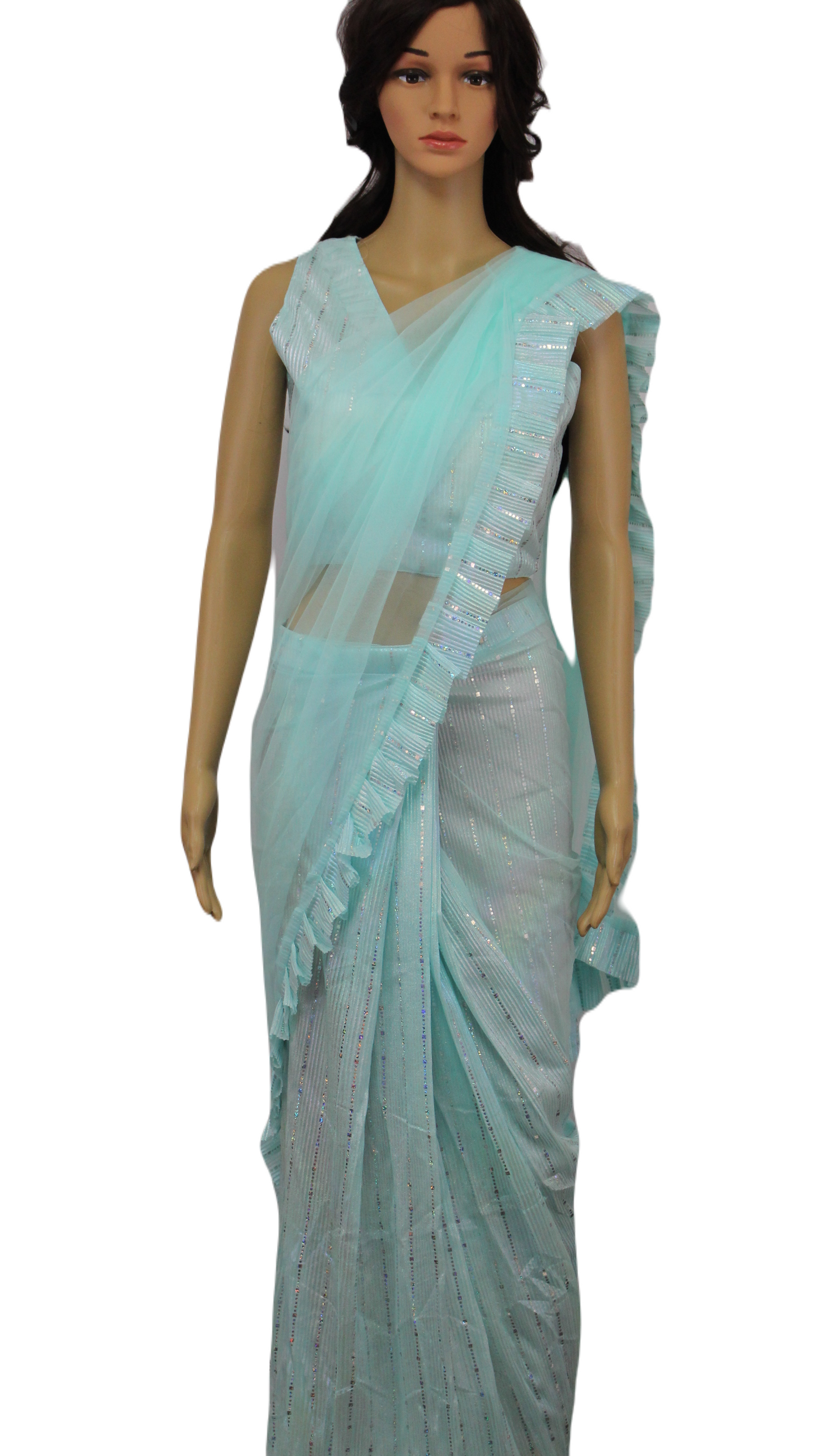 Aqua/Mint colored softnet saree
