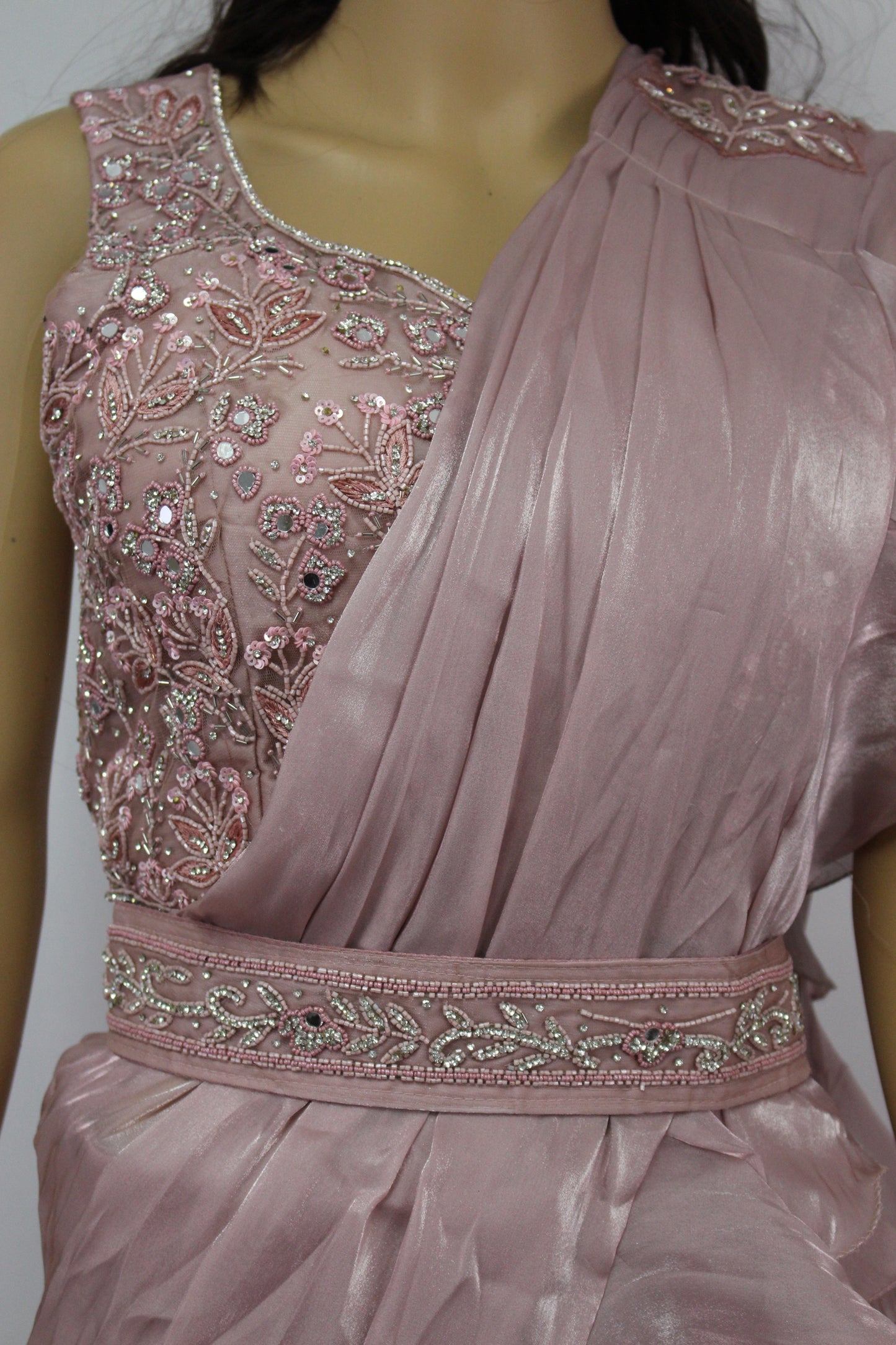Organza Silk Ready to Wear Saree with Hand Embroidered Blouse & Belt