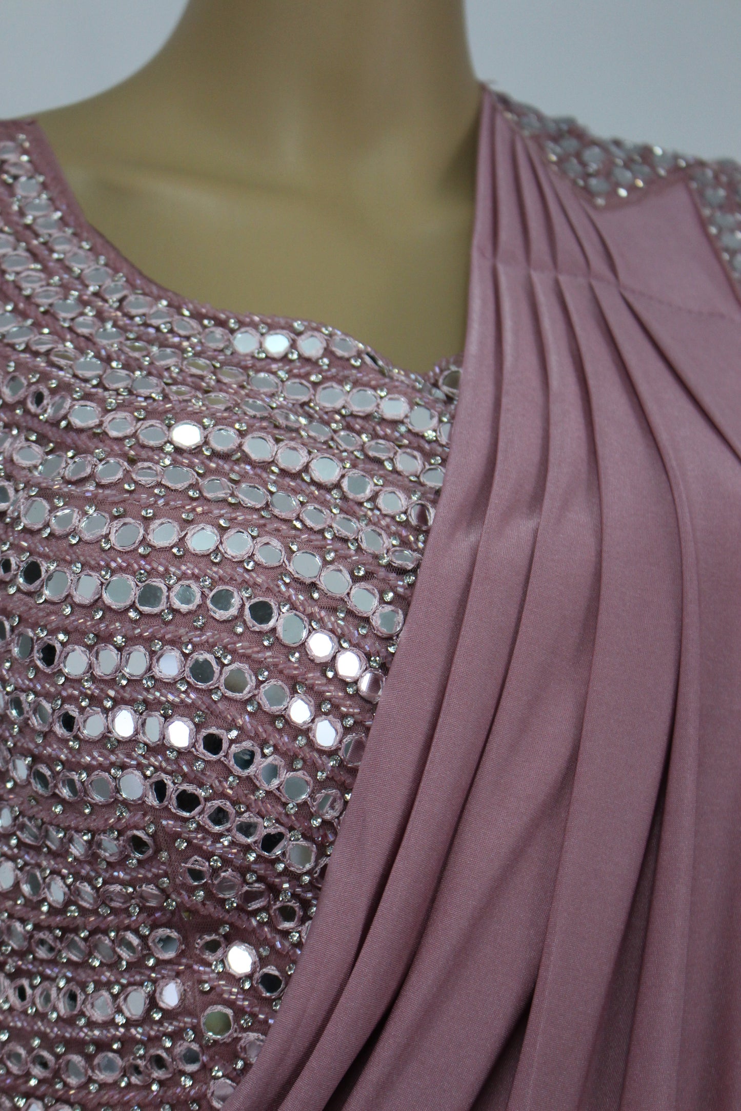 Dark pastel Pink Ready to Wear Saree with Mirror Crafted Handmade Blouse