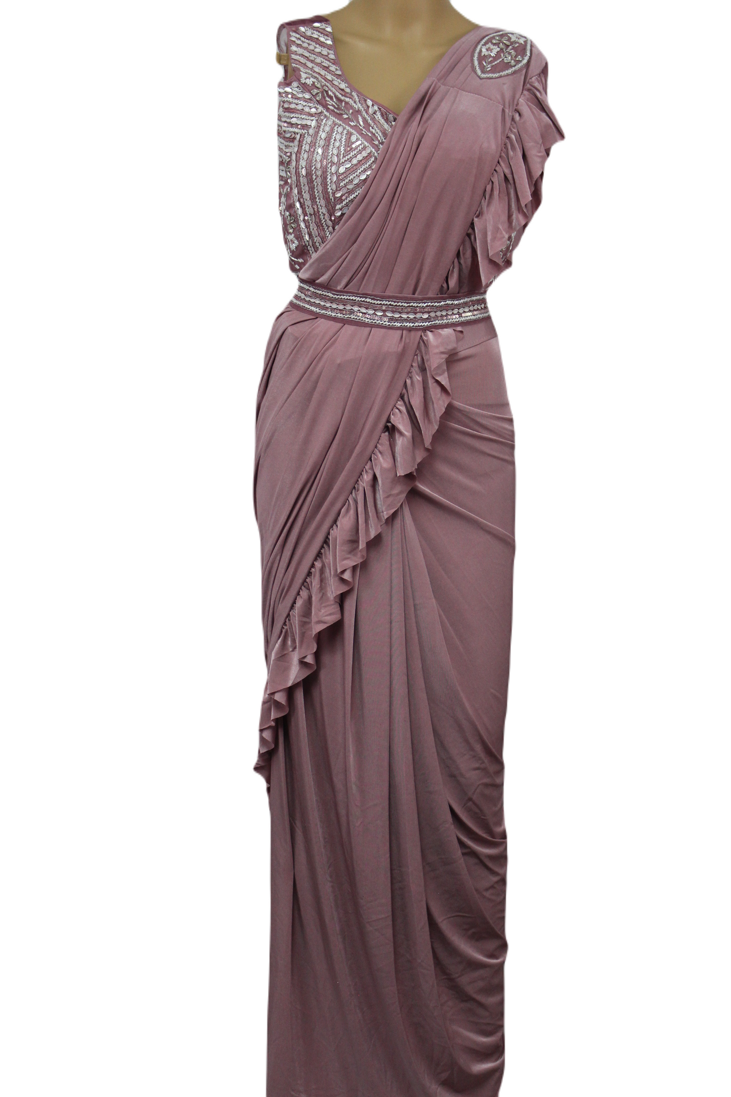 Elegantly designed deep pastel pink saree with hand made blouse and belt